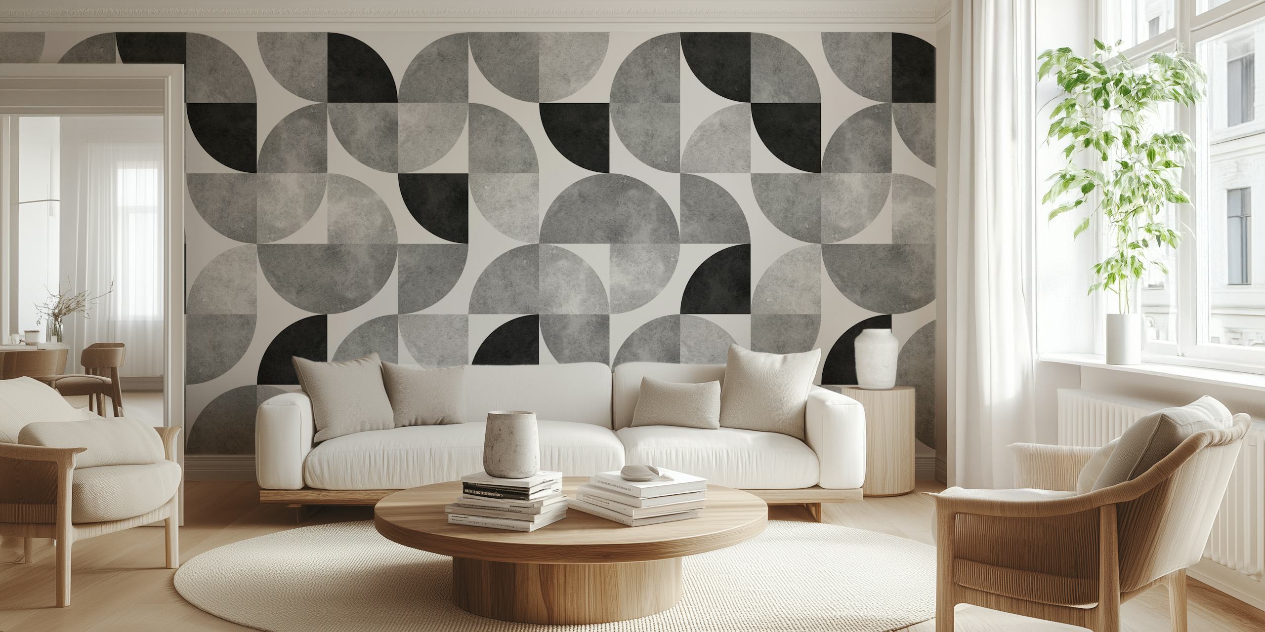 Geometric circle patterns in black, white, and gray wallpaper