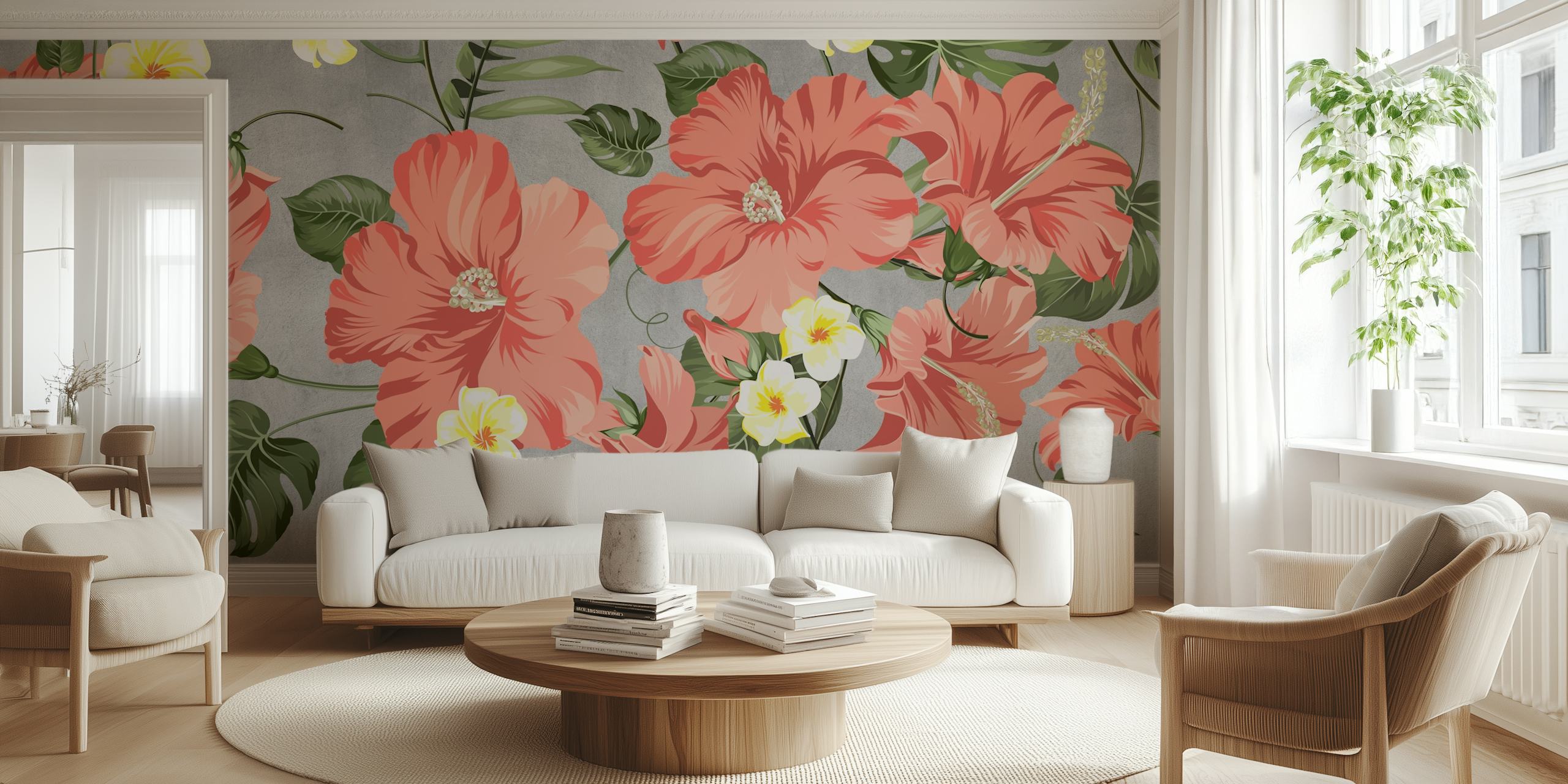 Živá květinová fototapeta s velkými květy inspirovanými přírodou na neutrálním pozadí