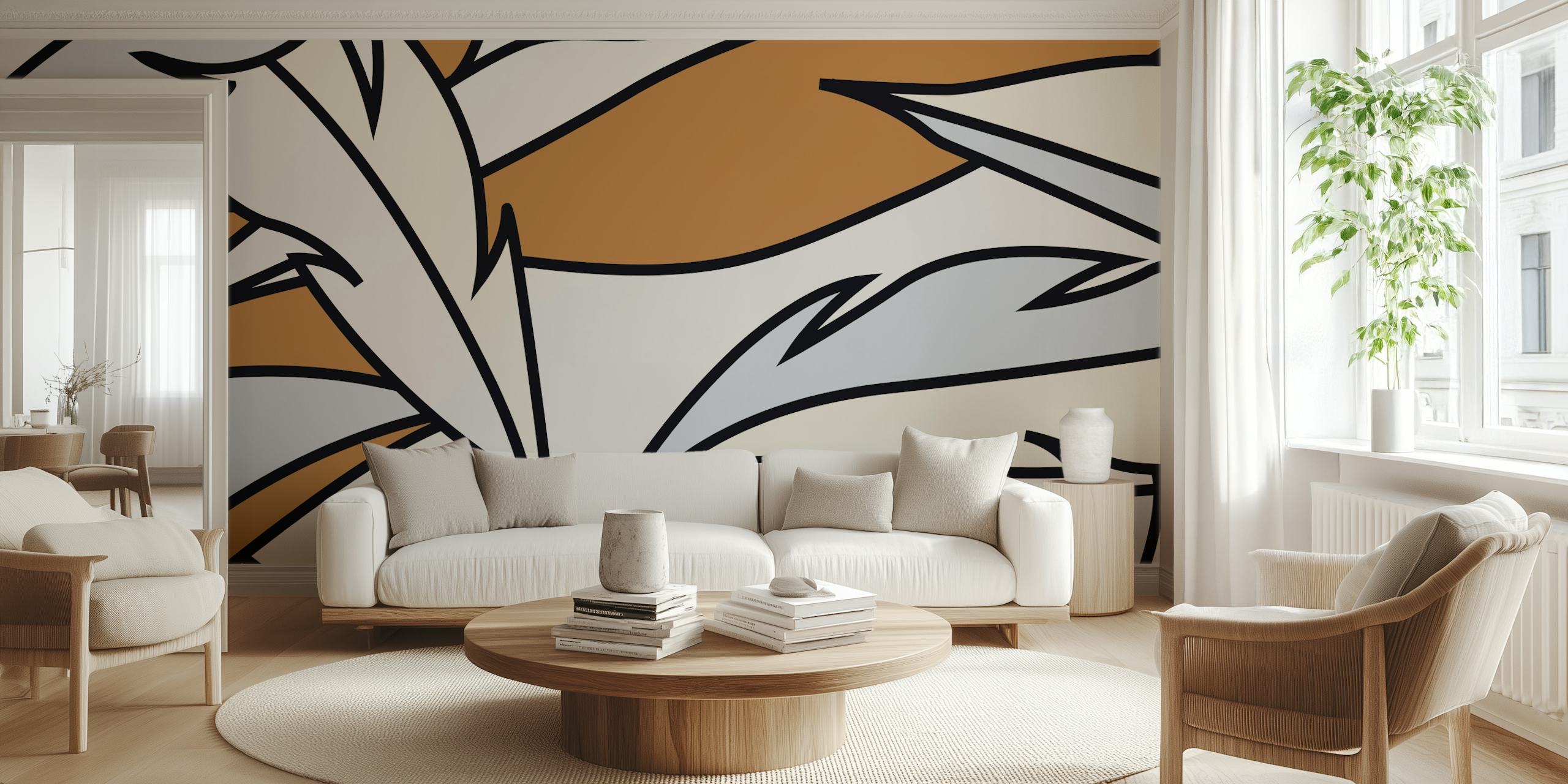 Brown and cream leaf pattern wallpaper with smooth lines and muted tones