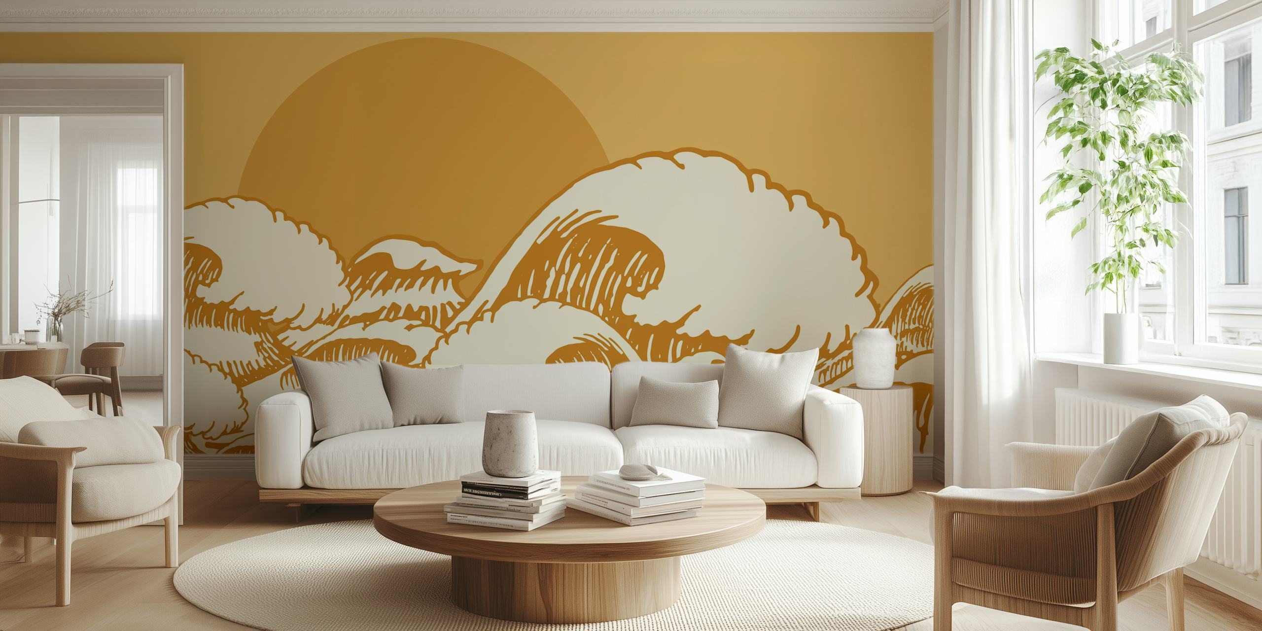 Wave pattern in beige and cream colors on wallpaper