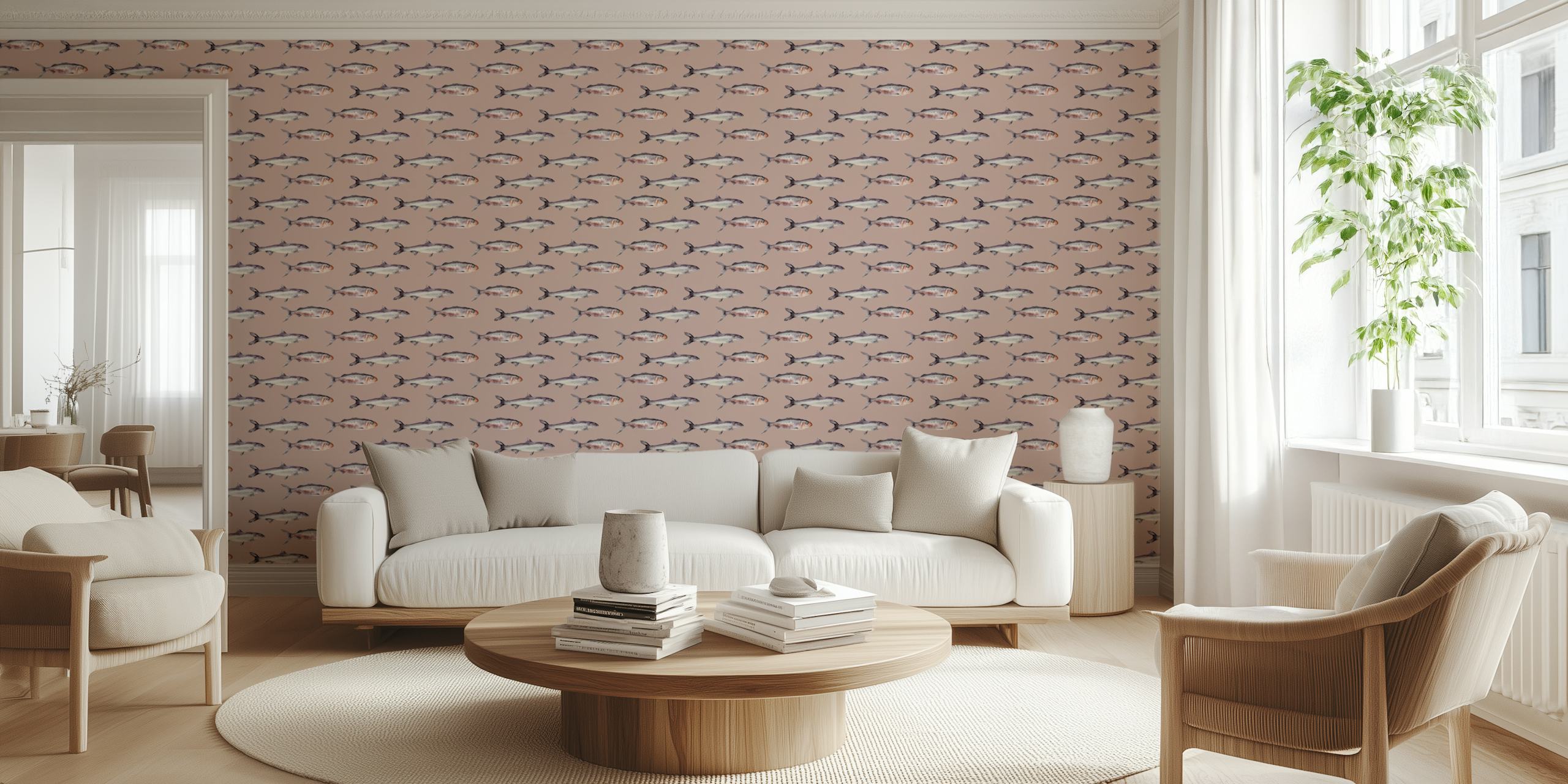 Projekt tapety Fish Ocean Pink w pokoju