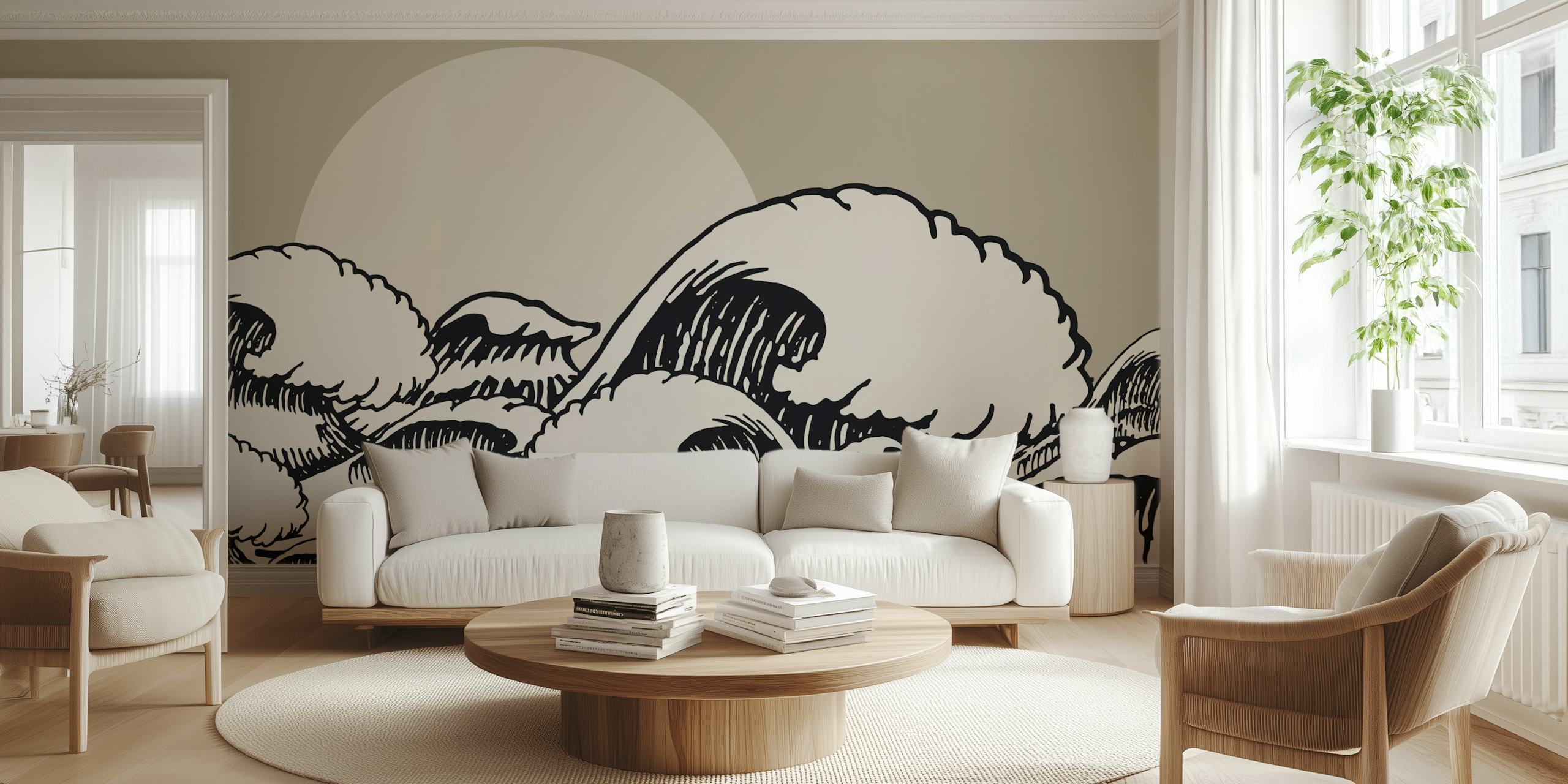 Ocean Sun Black wall mural with monochrome waves and a pale sun