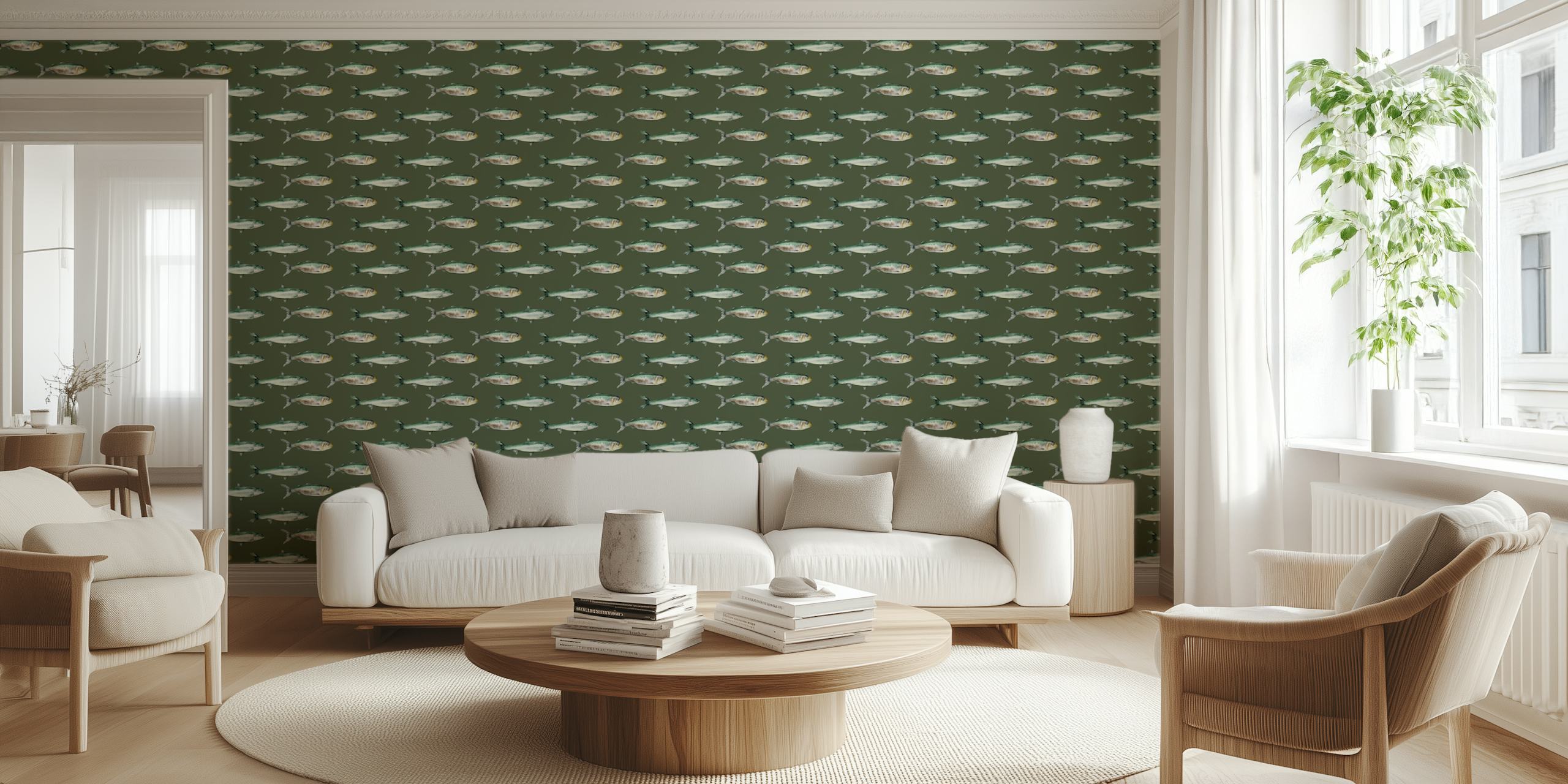 Green fish pattern wallpaper featuring various fish designs