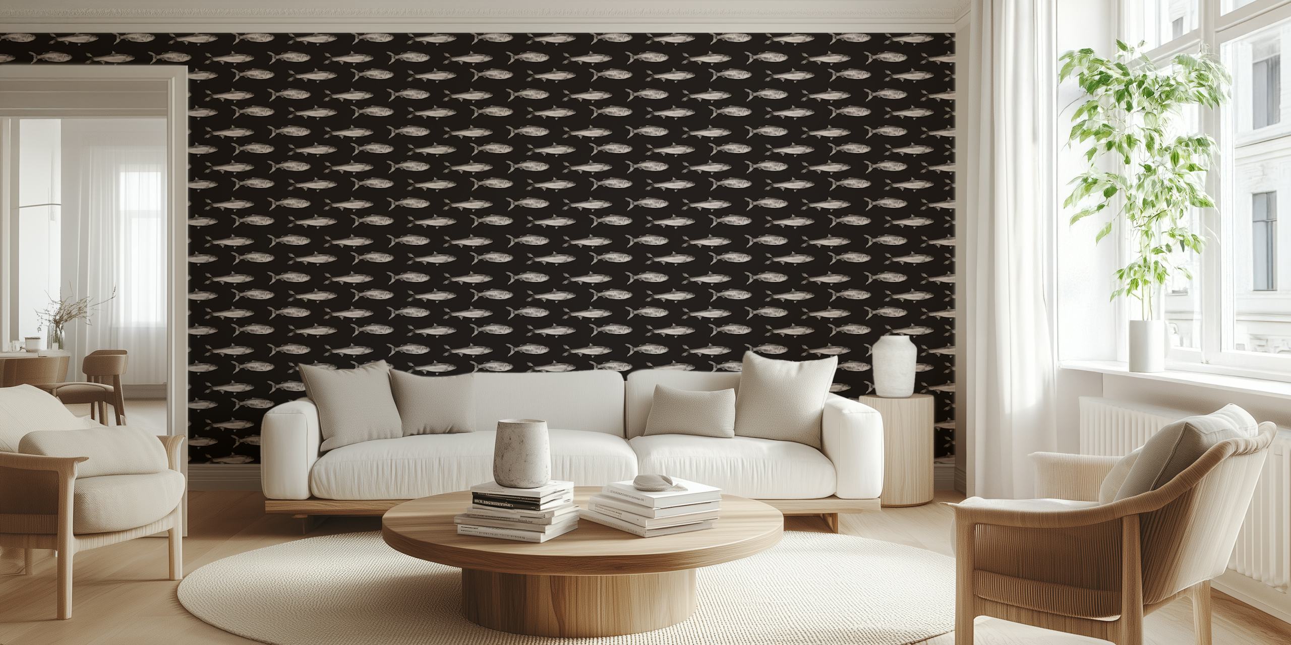 Black fish pattern design on a dark background wallpaper