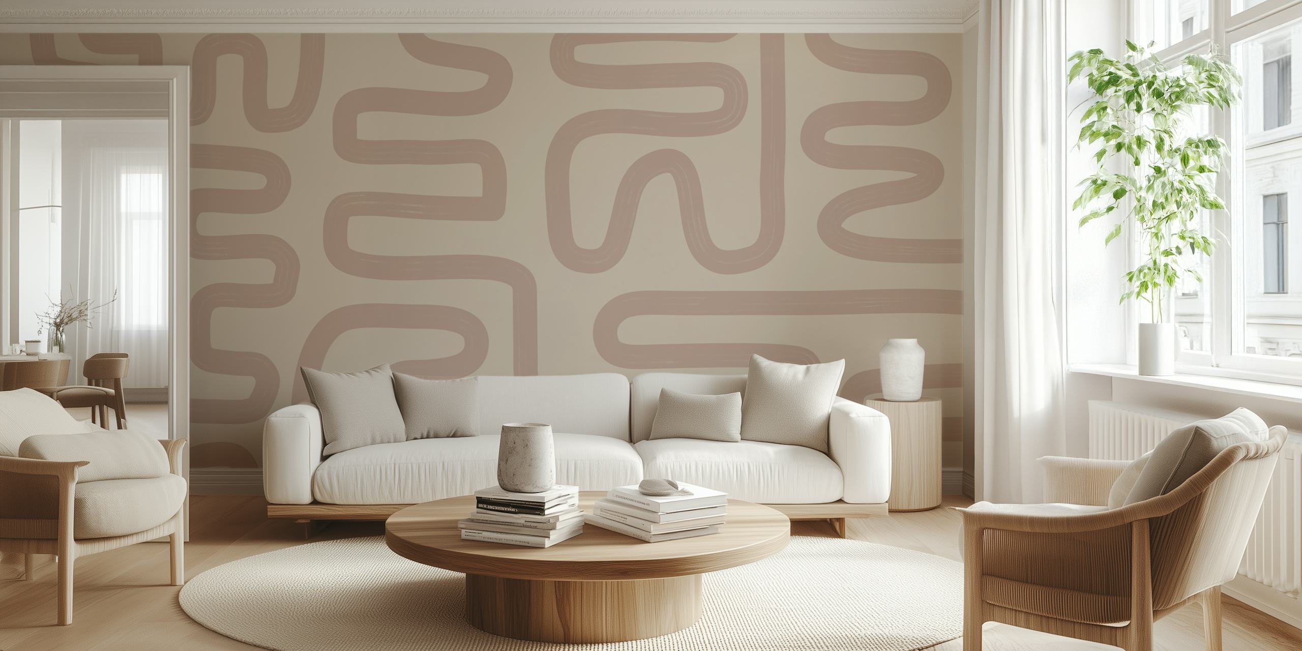 Abstrakte Linien in sanftem Beige und Rosé auf Tapete