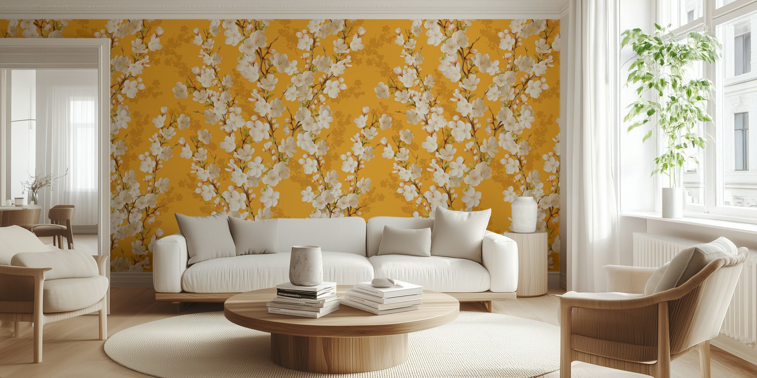 Cherry blossom mural in warm yellow tones