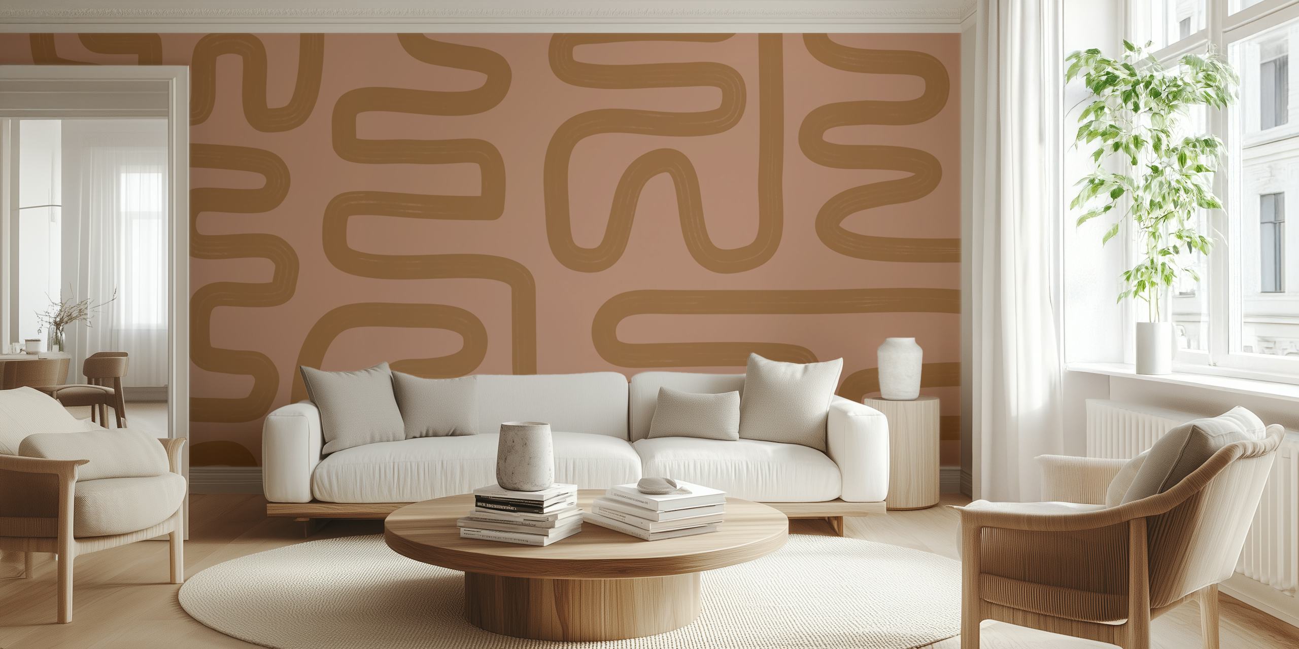 Mural de pared de líneas abstractas en color beige con diseño de líneas entrelazadas en Happywall