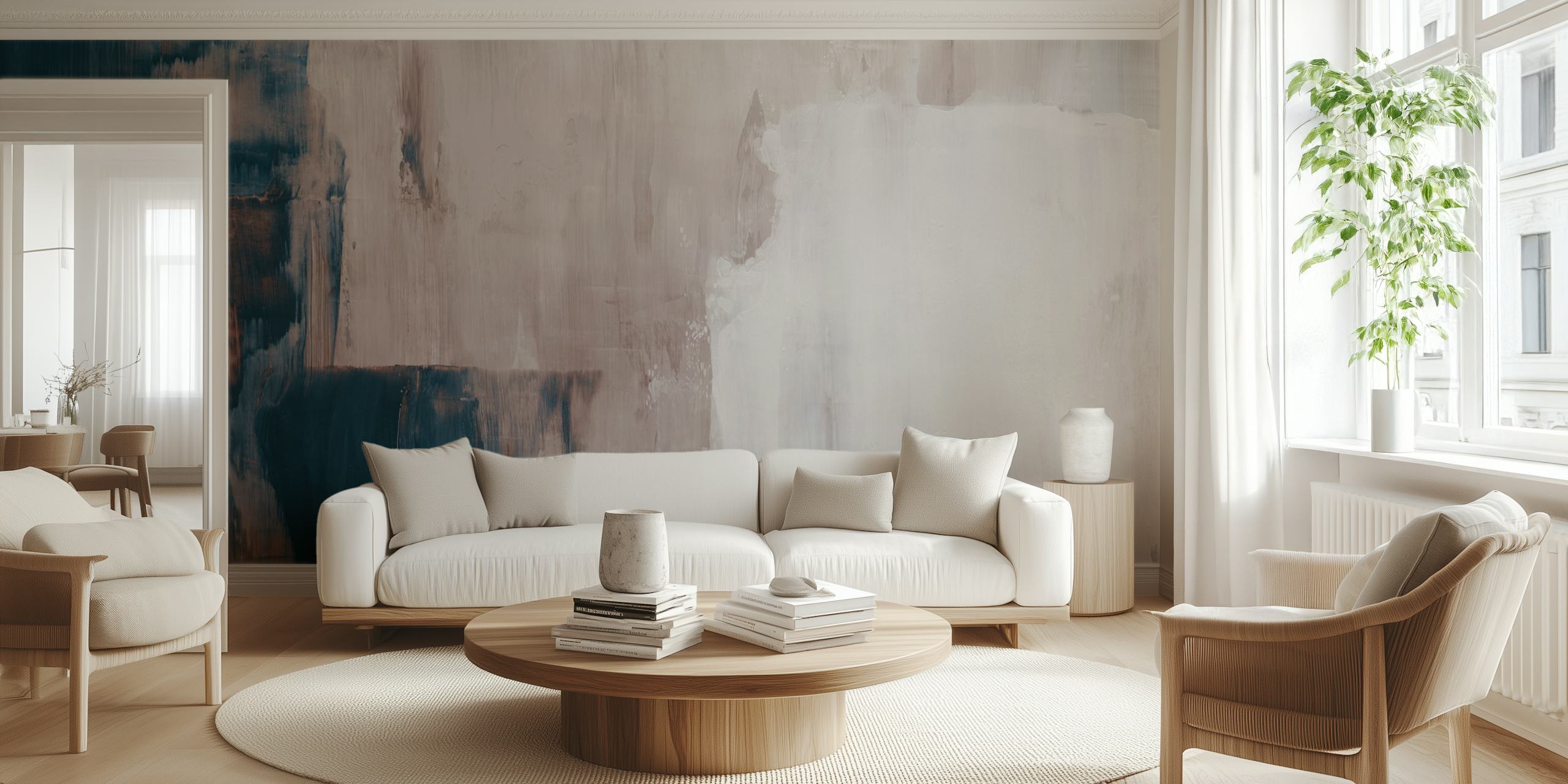 Abstract brushstroke wallpaper in beige, blue and white tones