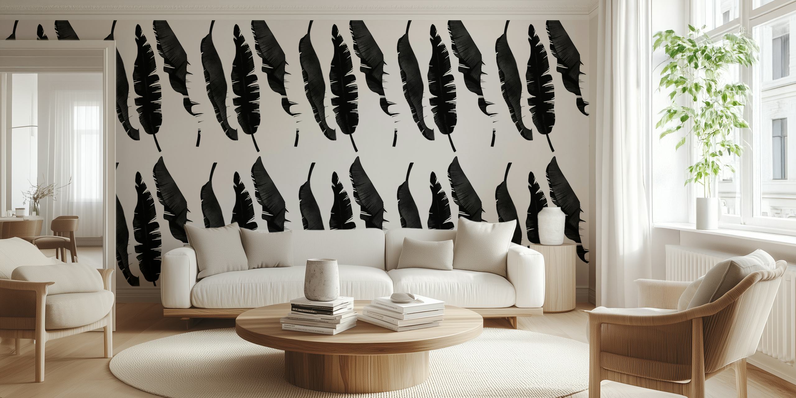 Monochrome feather wallpaper displayed in a room