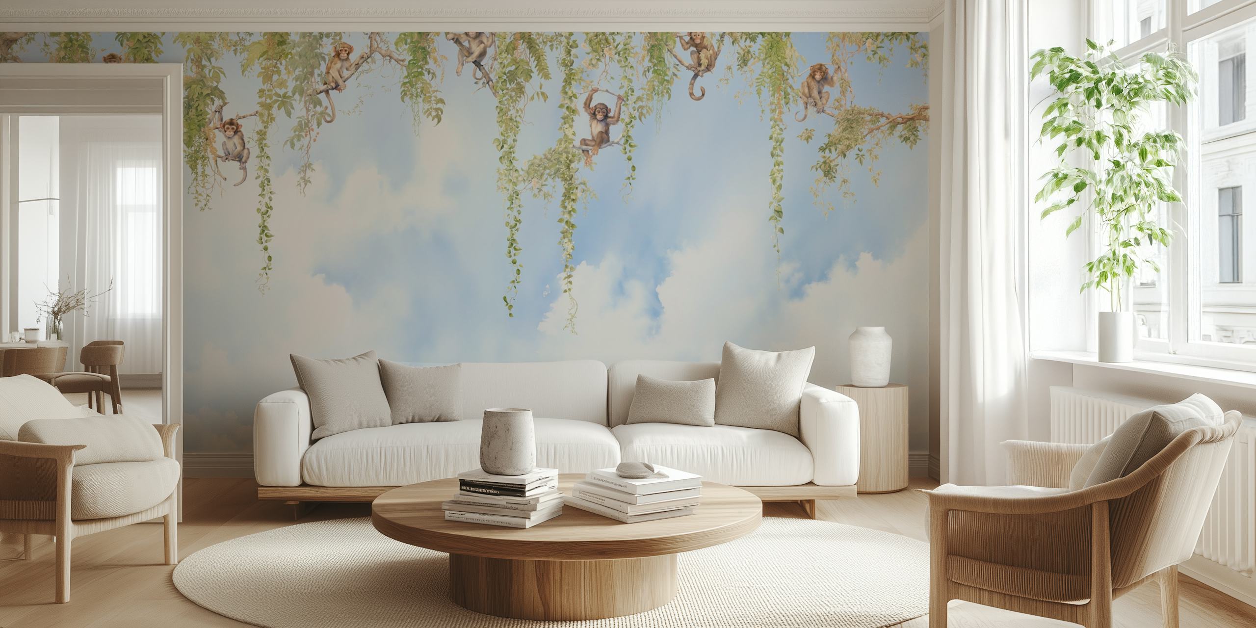 Wallpaper featuring playful monkeys in a room