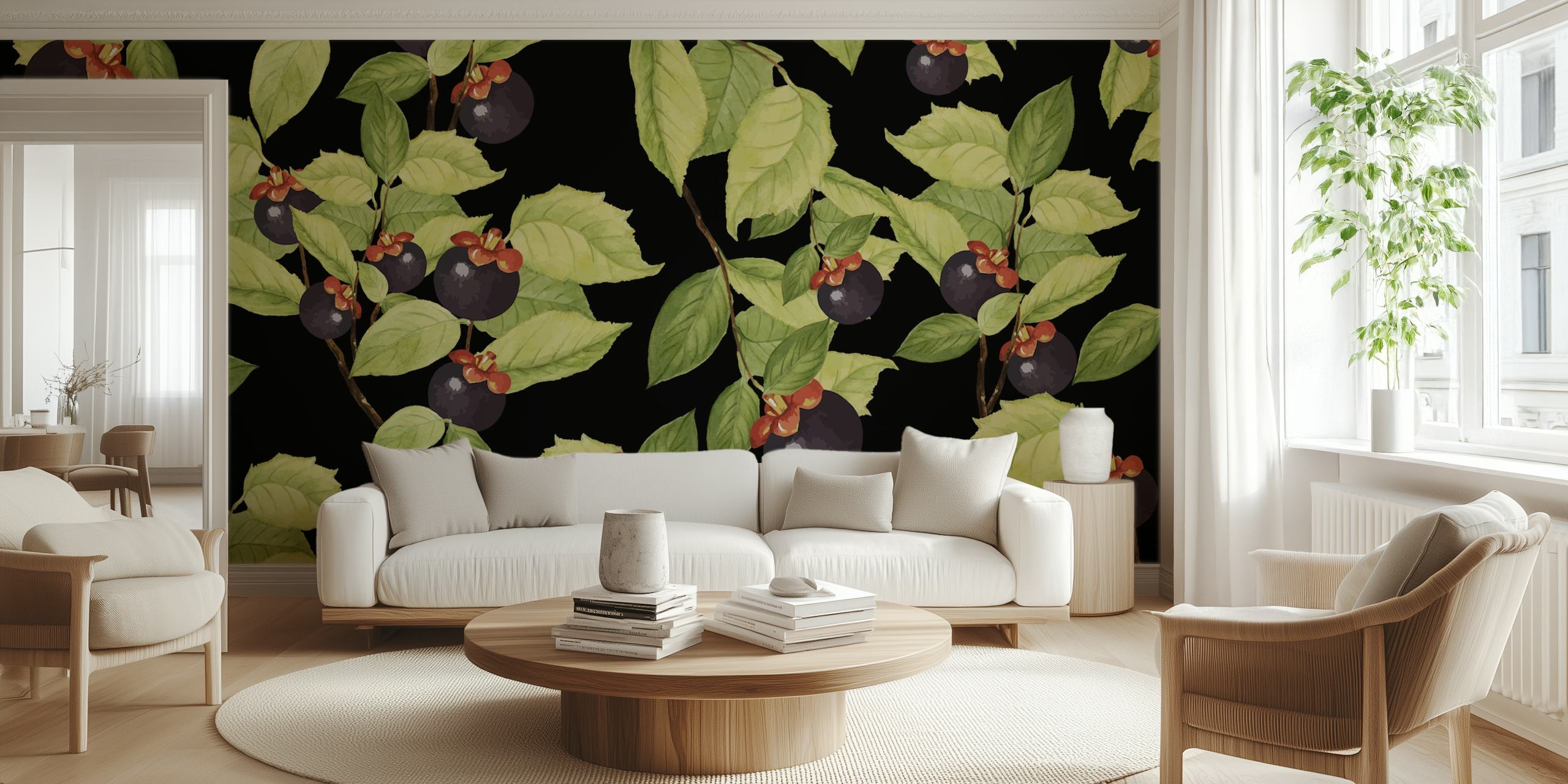 Black floral wallpaper with green leaves and dark fruits