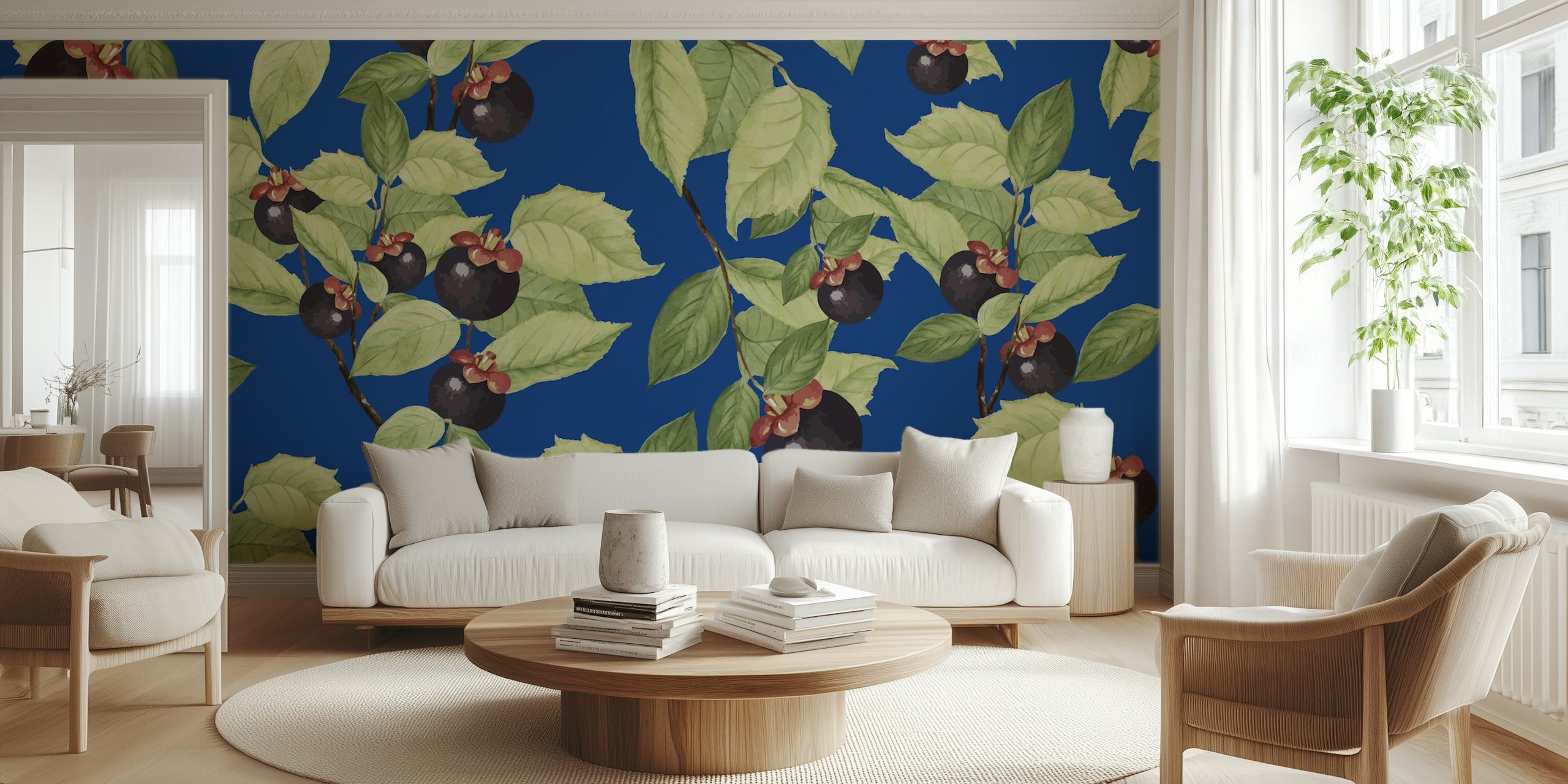 Fruit Blue wallpaper design displayed in a room