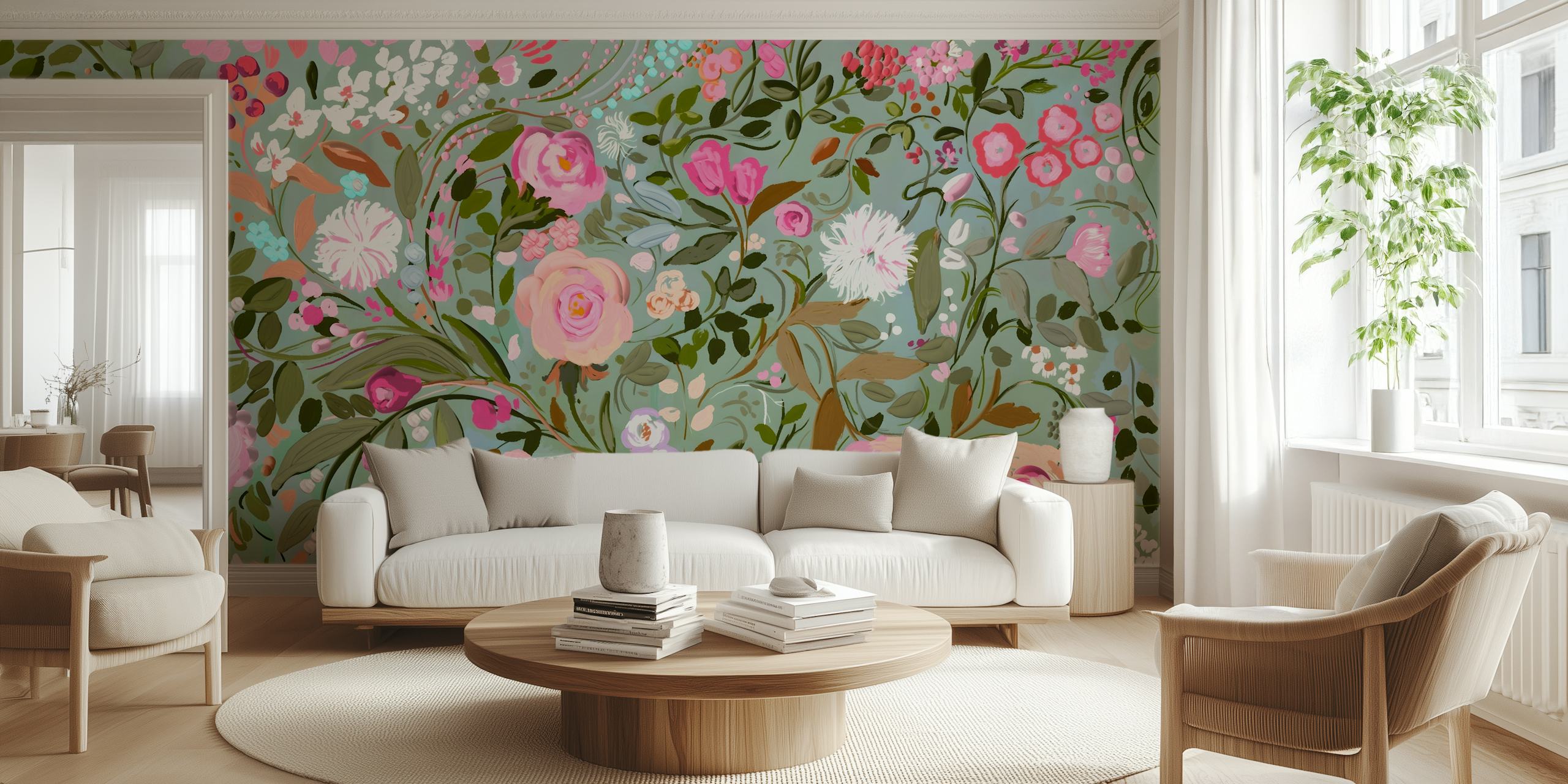 Floral pattern with pink roses and green leaves wallpaper