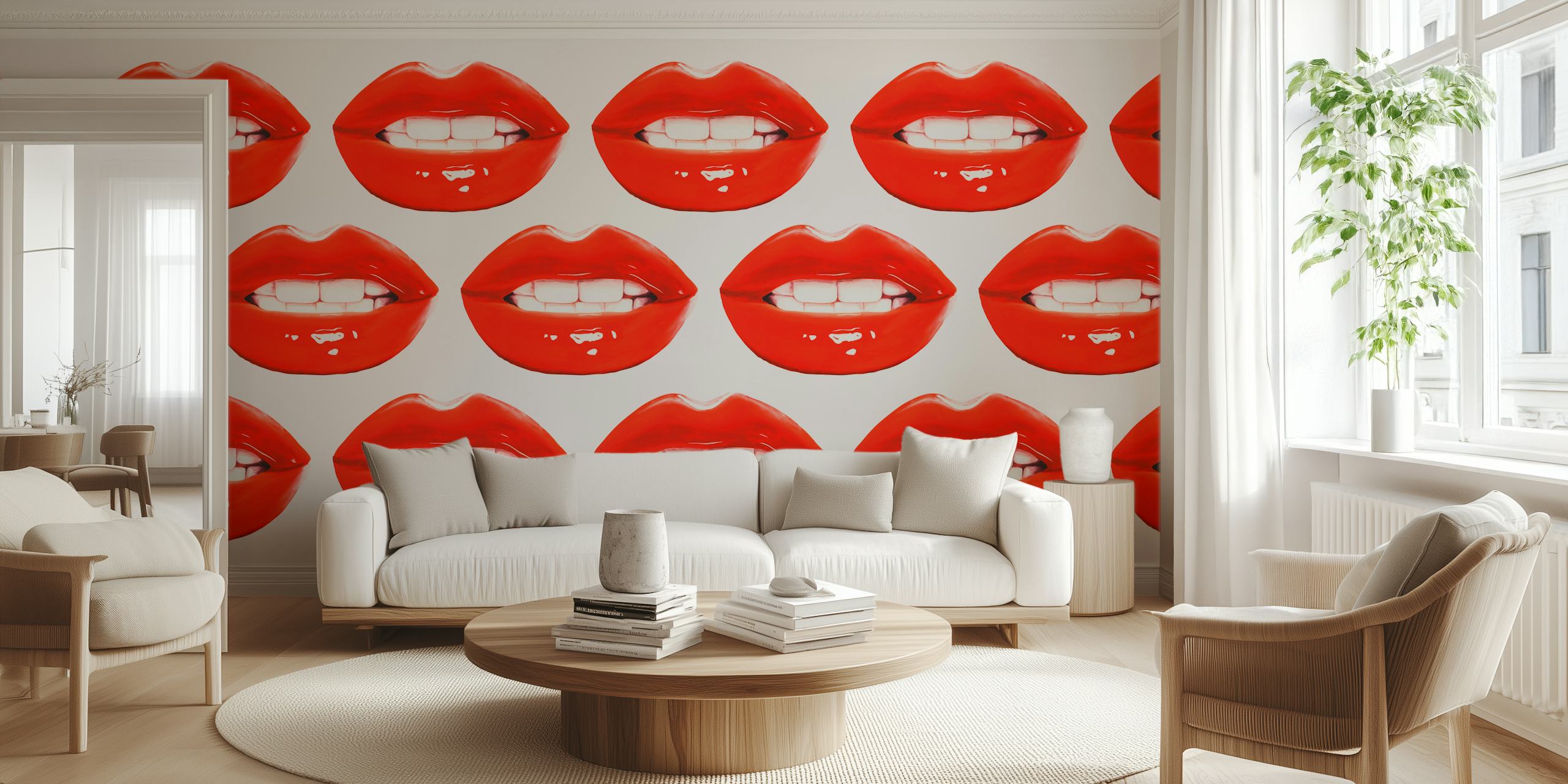 Pattern of glossy red lips with white teeth wallpaper