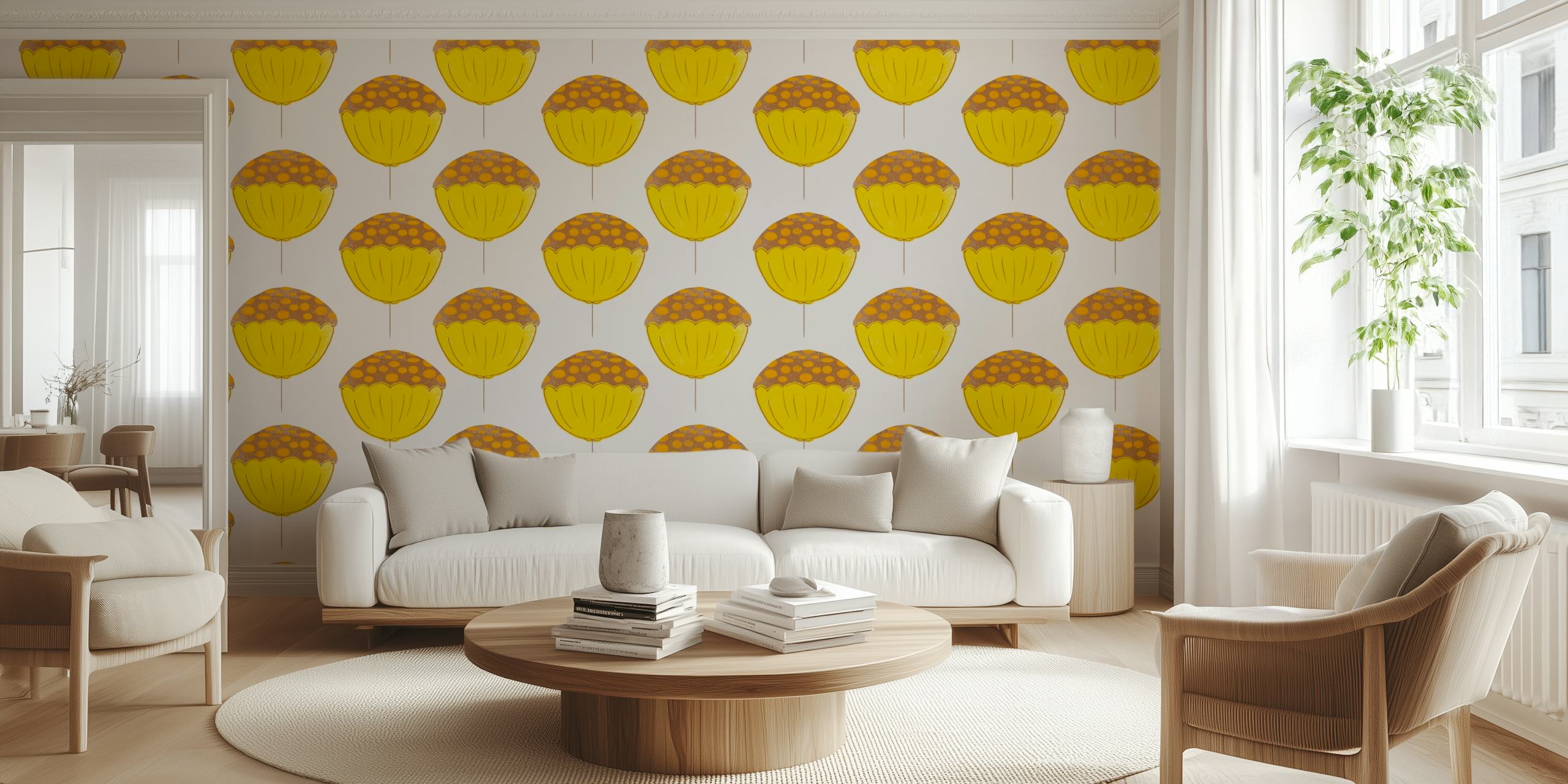 Mid Century Flower Yellow wallpaper design in a room