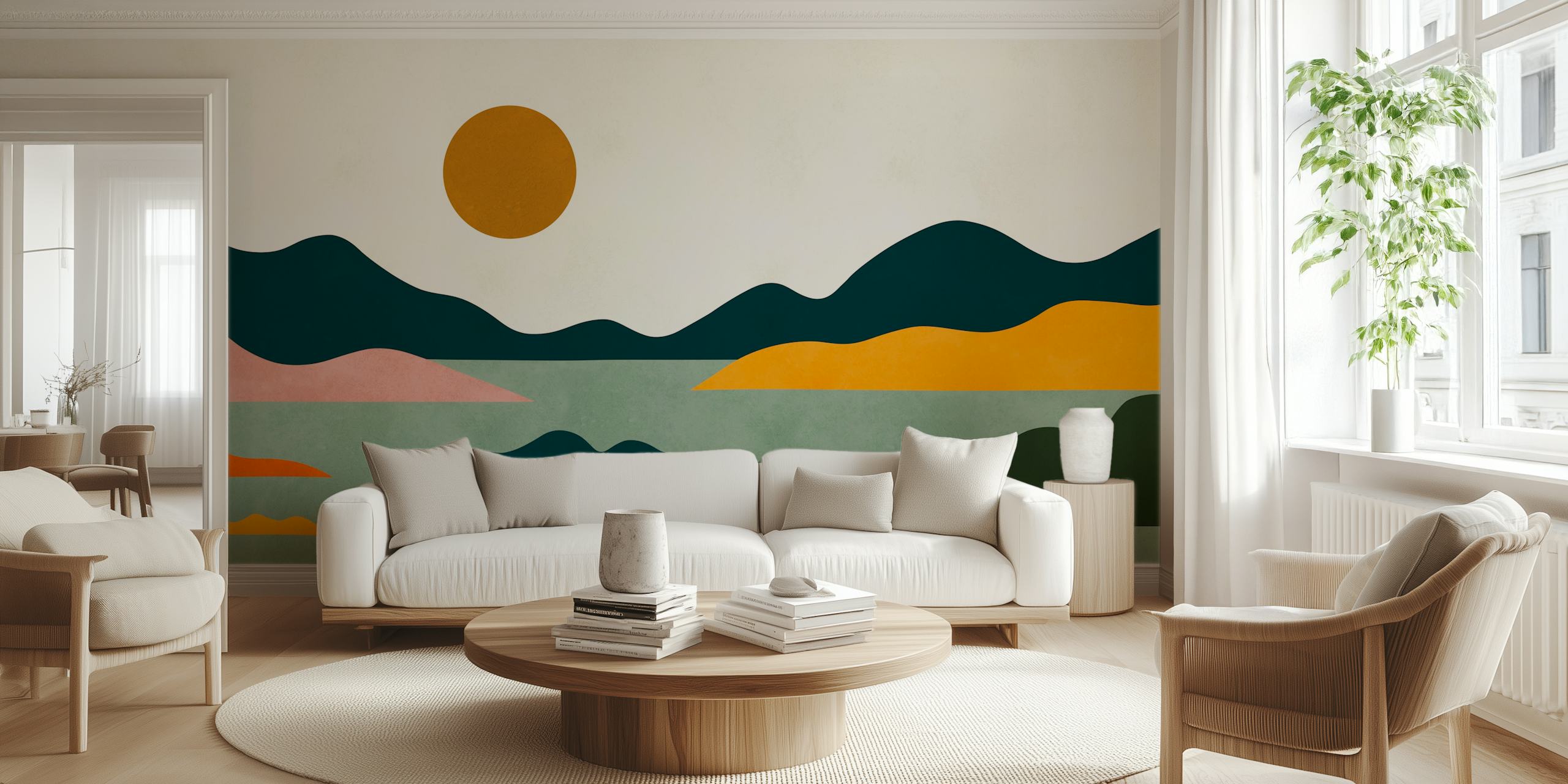 Watercolor landscape behang in een kamer