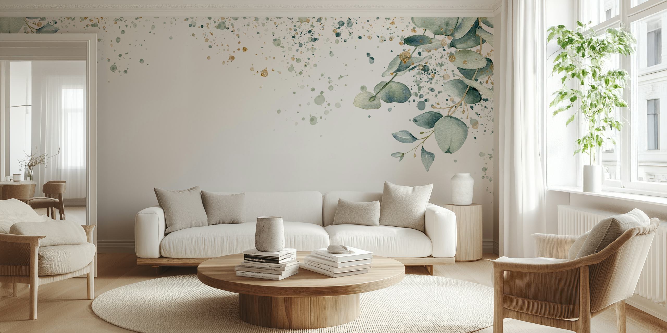 Eucalyptus and watercolor splashes wallpaper in a room