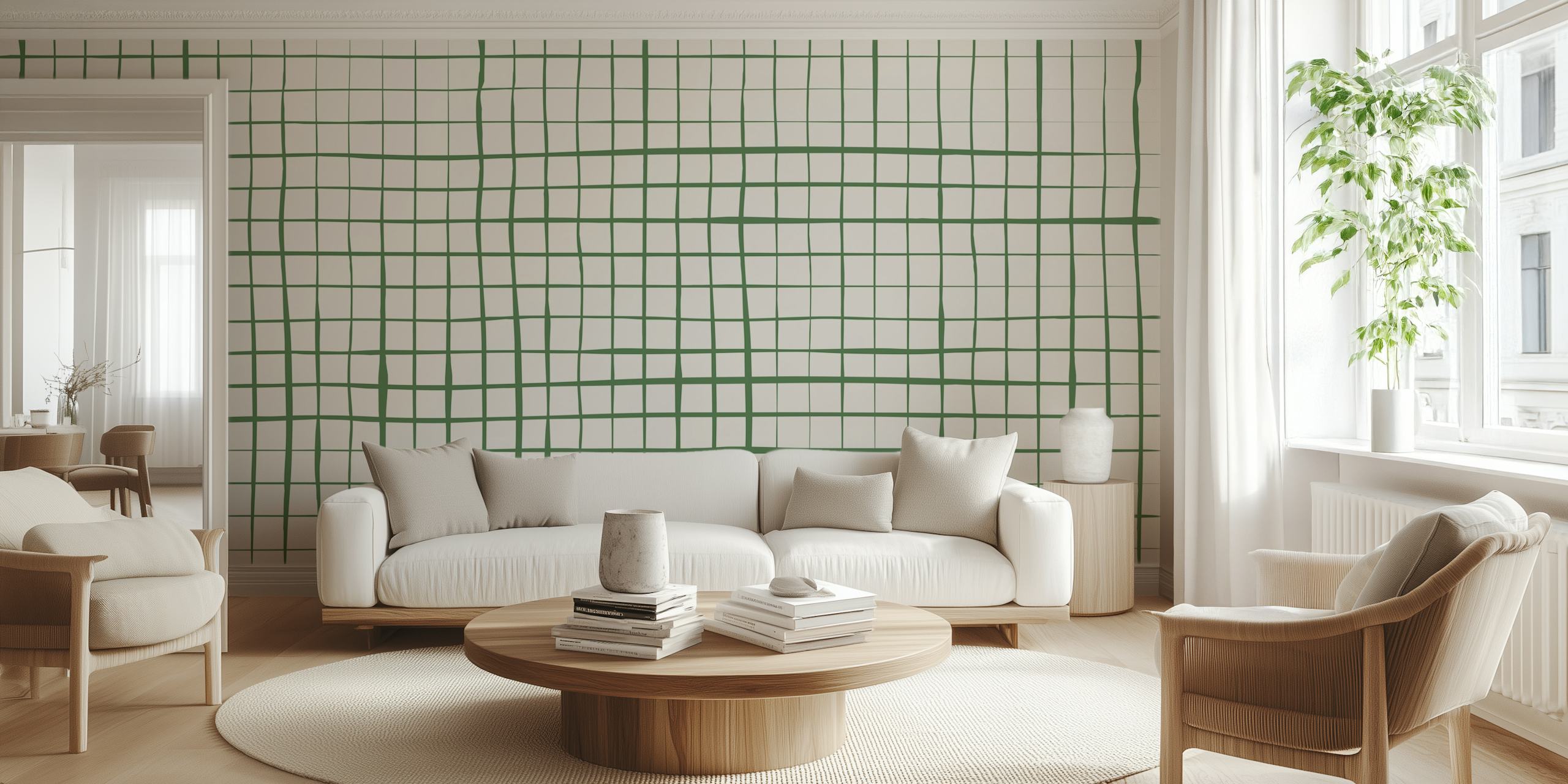 Stripes Grid Green behang in een kamer