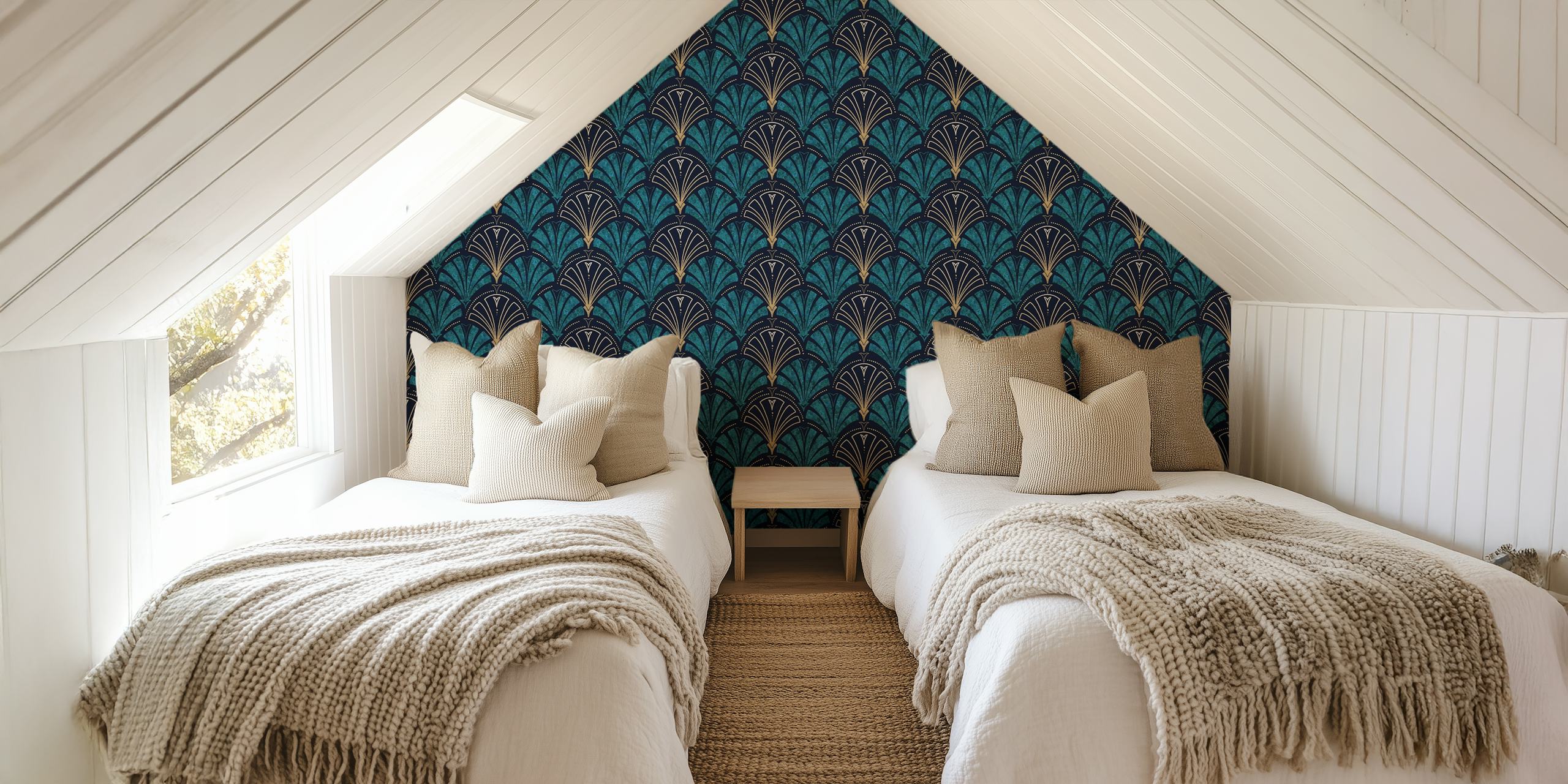 Art Deco pattern in gold and teal on dark background wallpaper