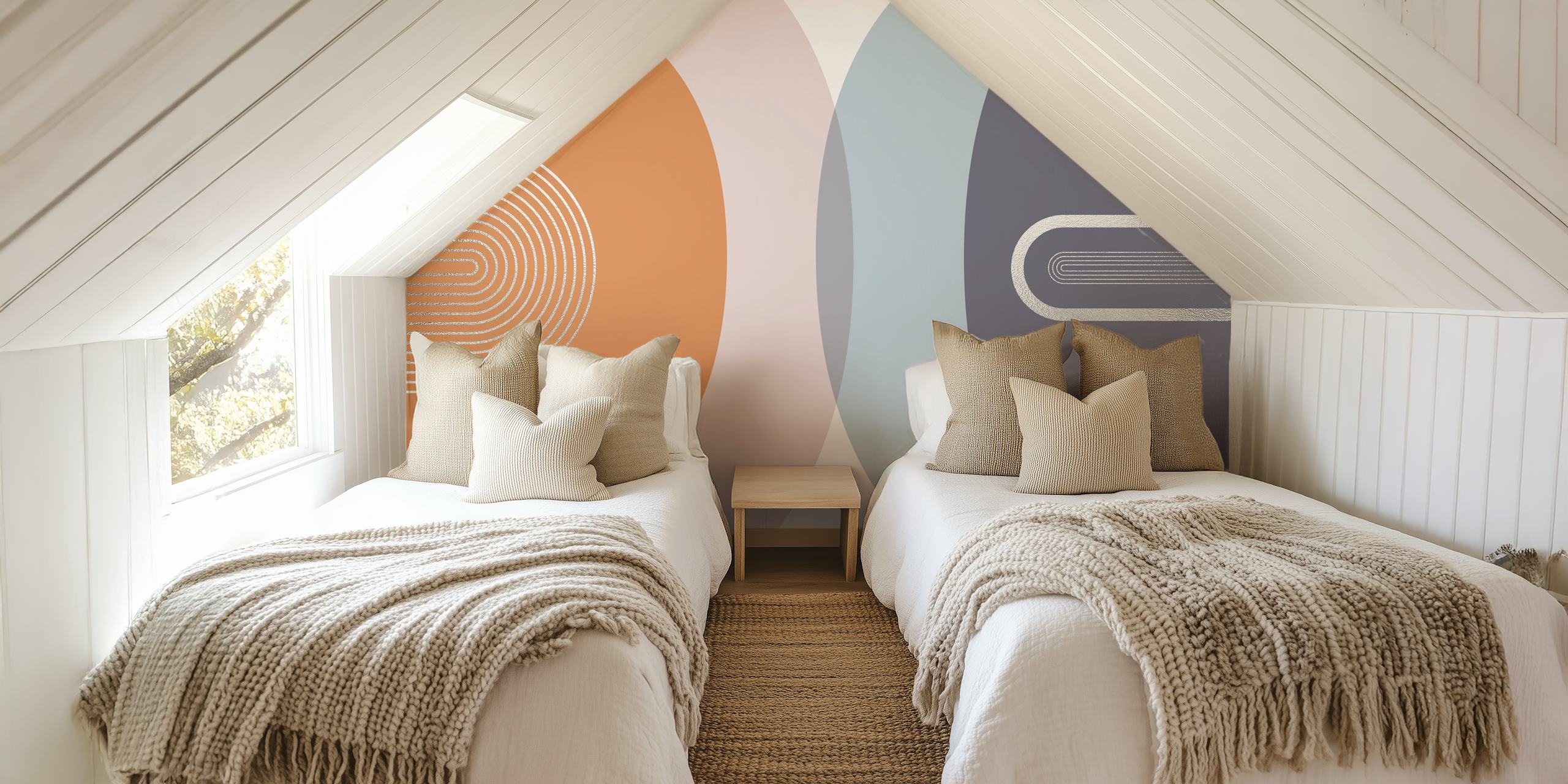 Moderne Mid Century Arches muurschildering met aardetinten en retro vormen