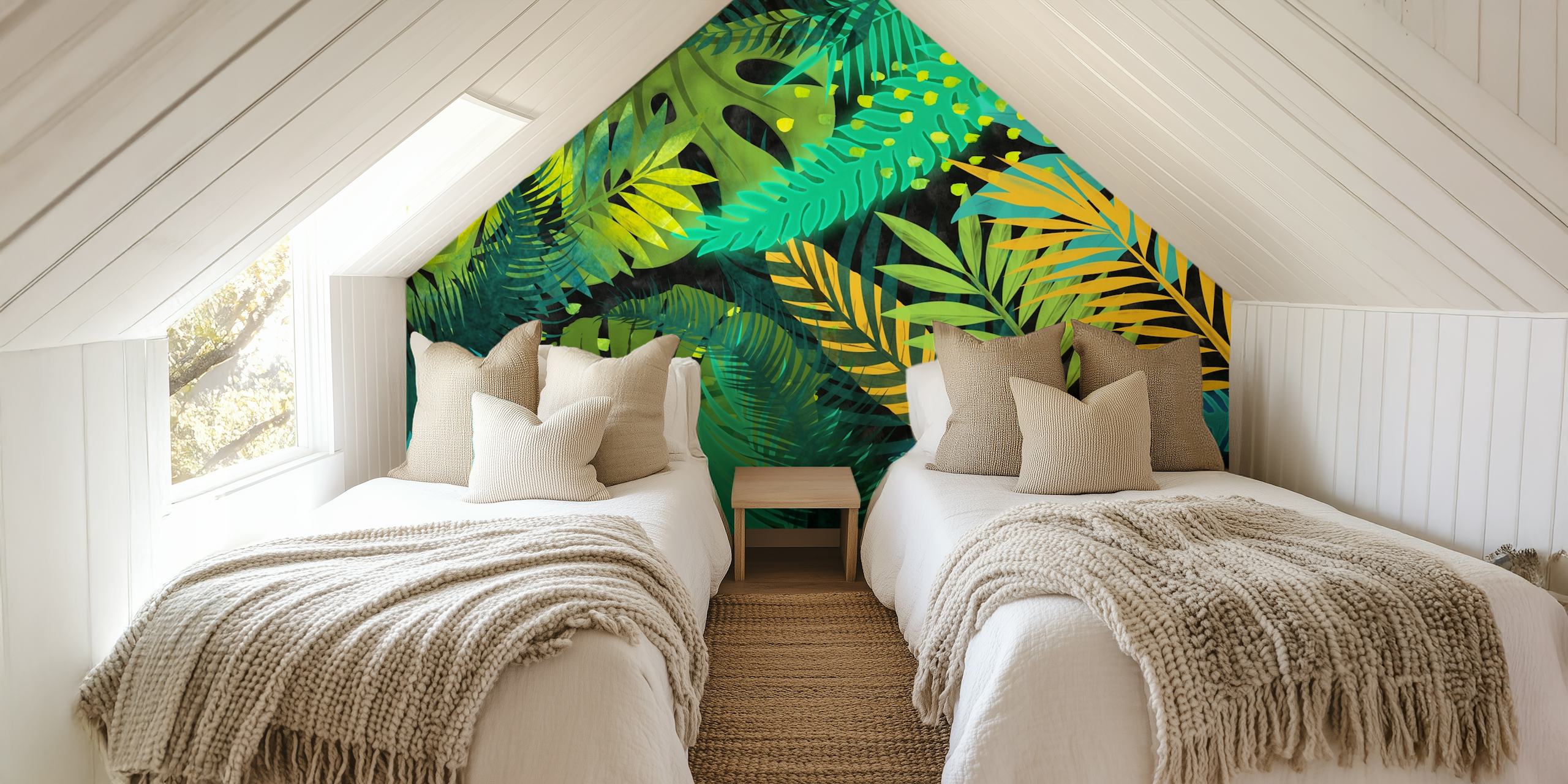 Lush green leaf patterns with blue and yellow accents wallpaper