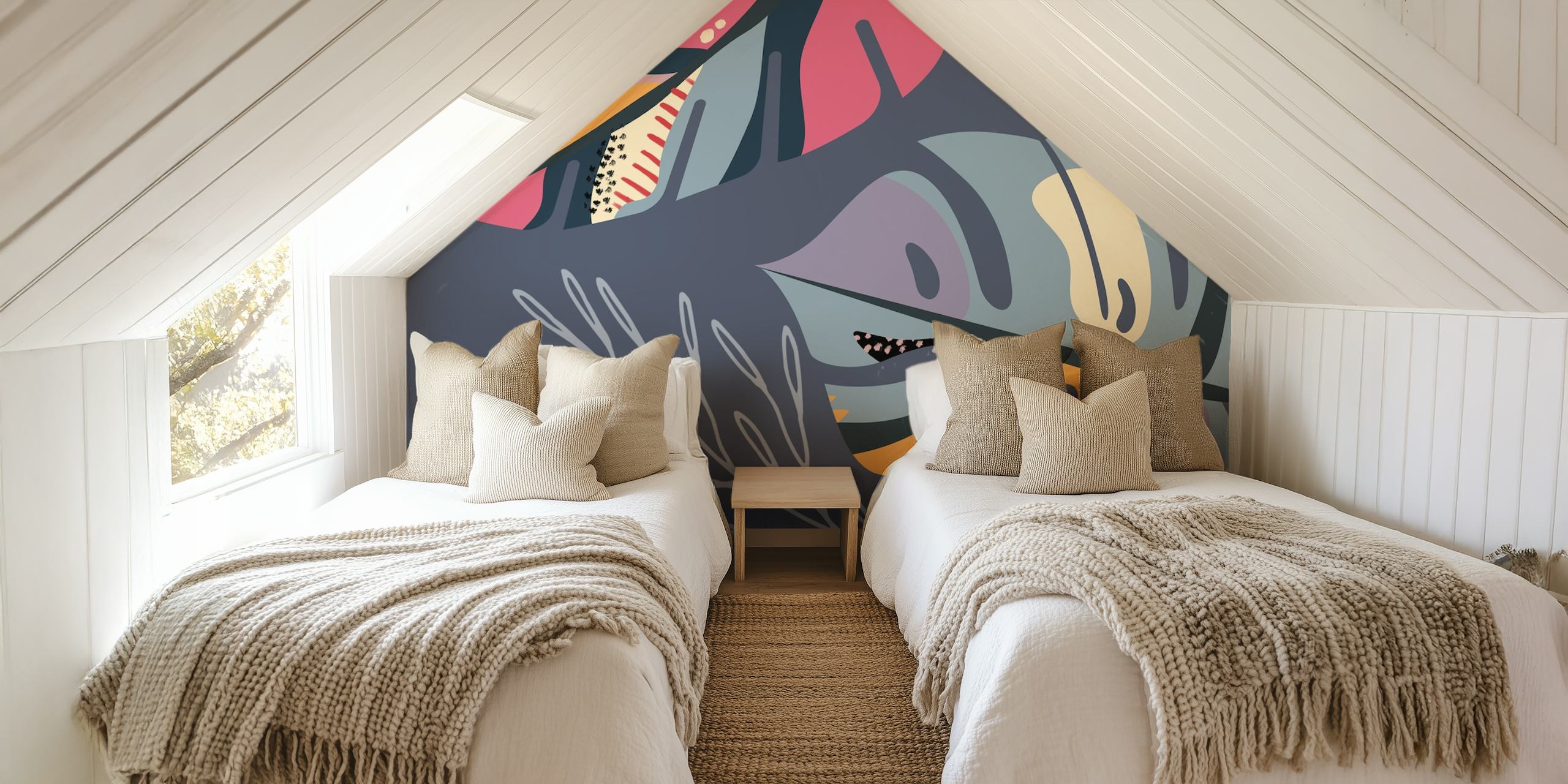 Stylized tropical foliage in dark, moody colors as part of a contemporary art wall mural