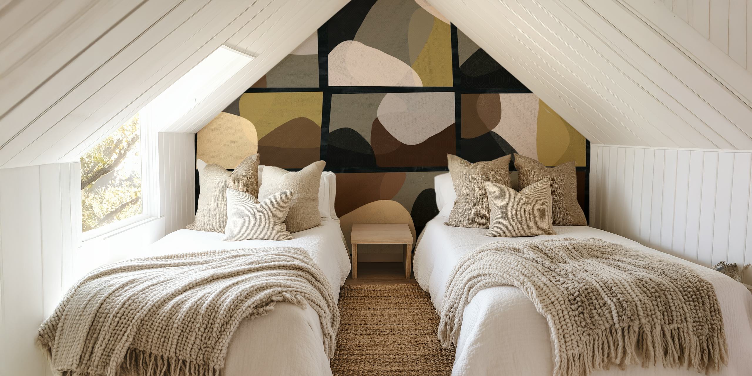 Geometric stone wall pattern with earthy tones in a mural