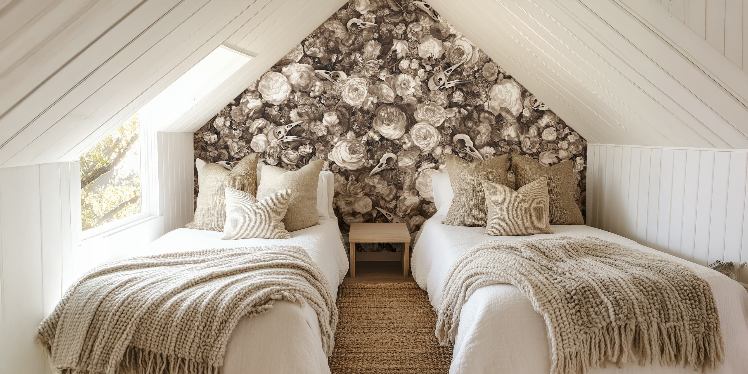 Floral wallpaper featuring skulls in sepia tones and intricate designs