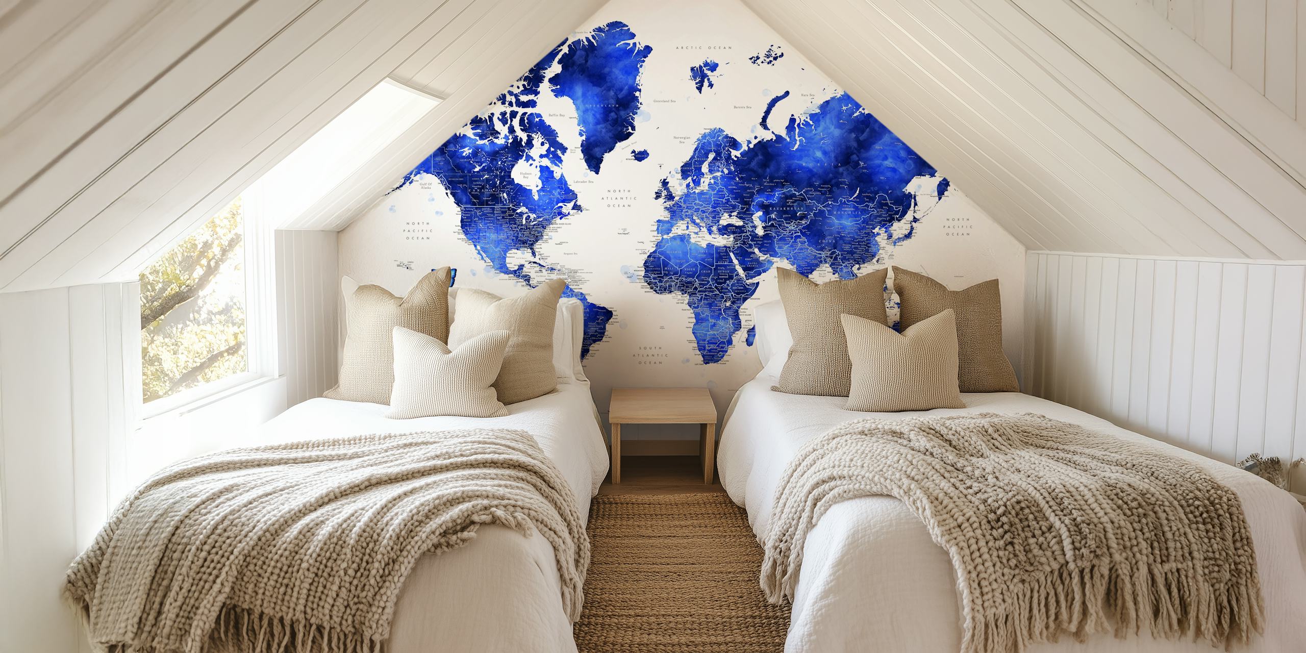 Watercolor world map in blue tones, white background wallpaper