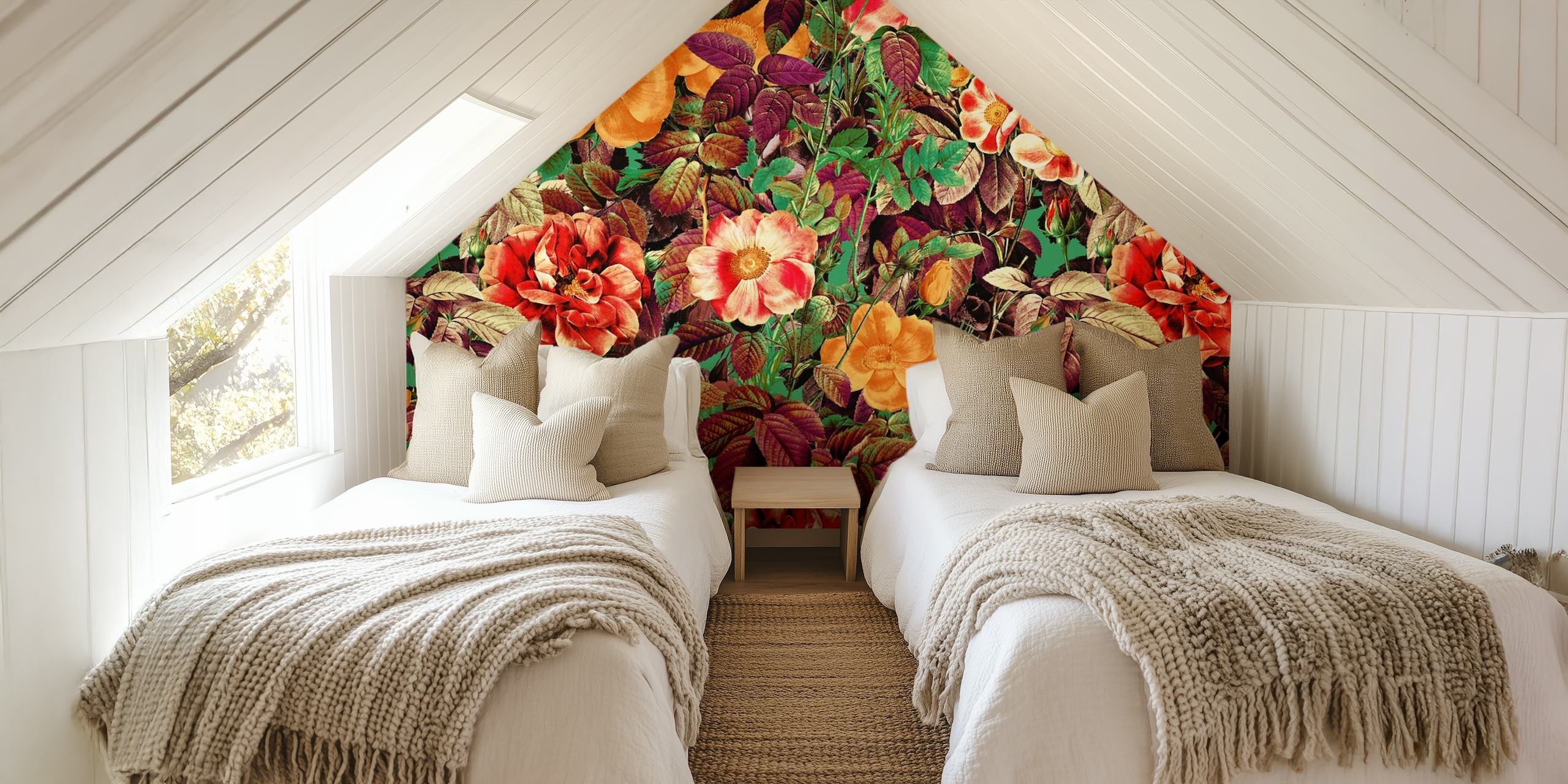 Vintage-inspired wall mural depicting an exotic forest with vibrant flowers and foliage.