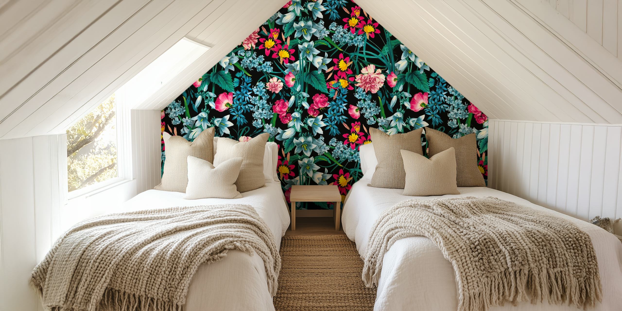 Colorful floral wallpaper with pink, blue, and yellow flowers on a dark background