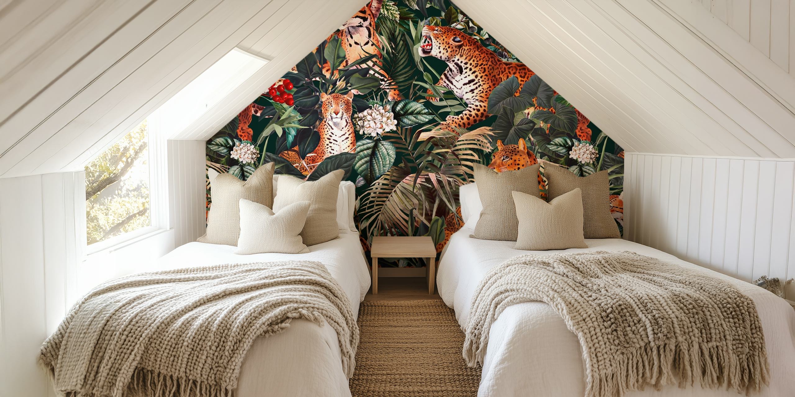 Leopard wallpaper surrounded by tropical leaves with dark background