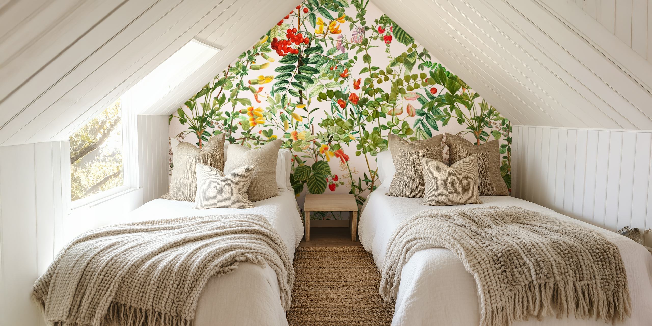 Lush summer meadow-inspired wall mural with a variety of flowers and greenery