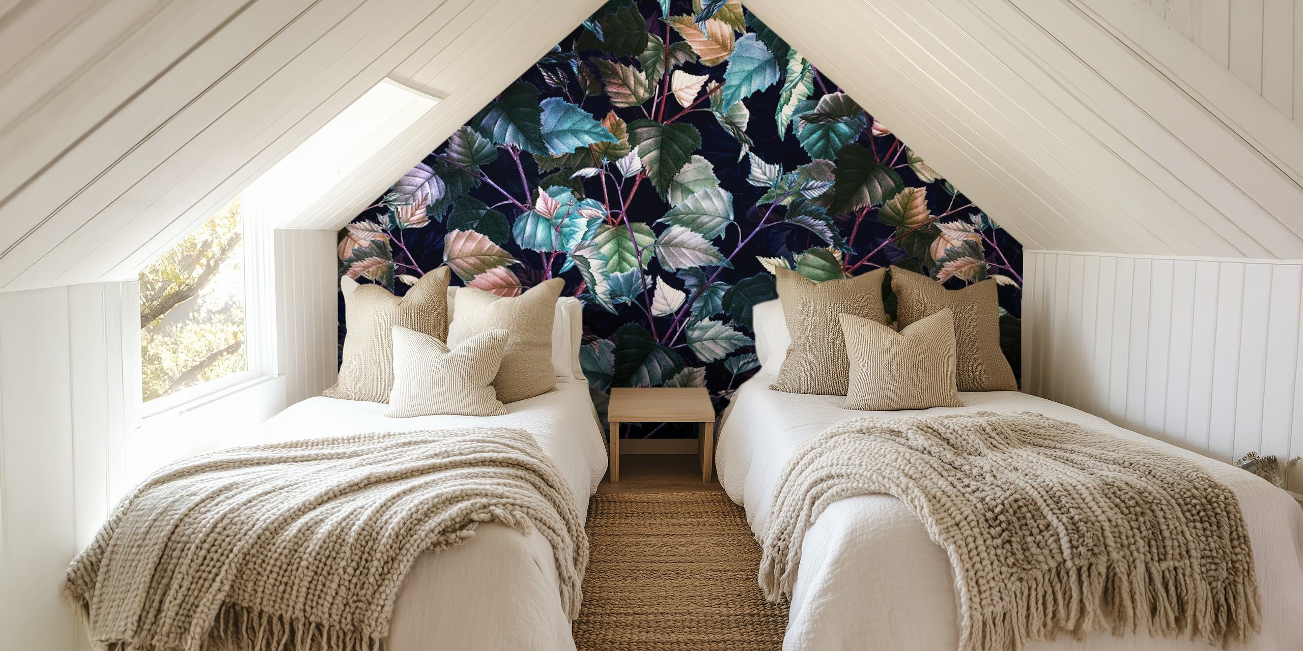 Leaves with shades of green, teal, and purple in Magical Forest III wall mural