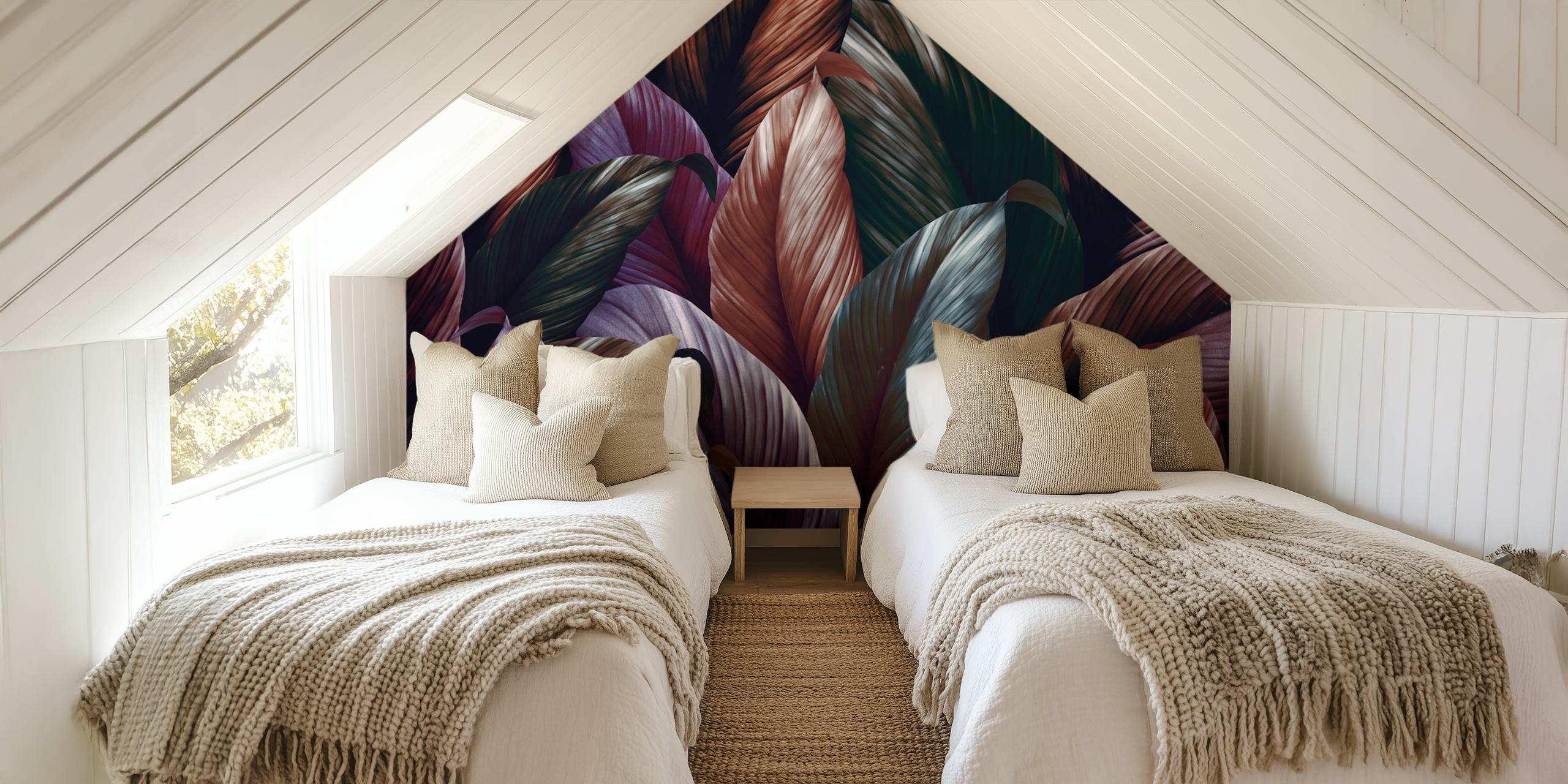 Dark leafy wallpaper with rich hues of green, purple, and brown in botanical design