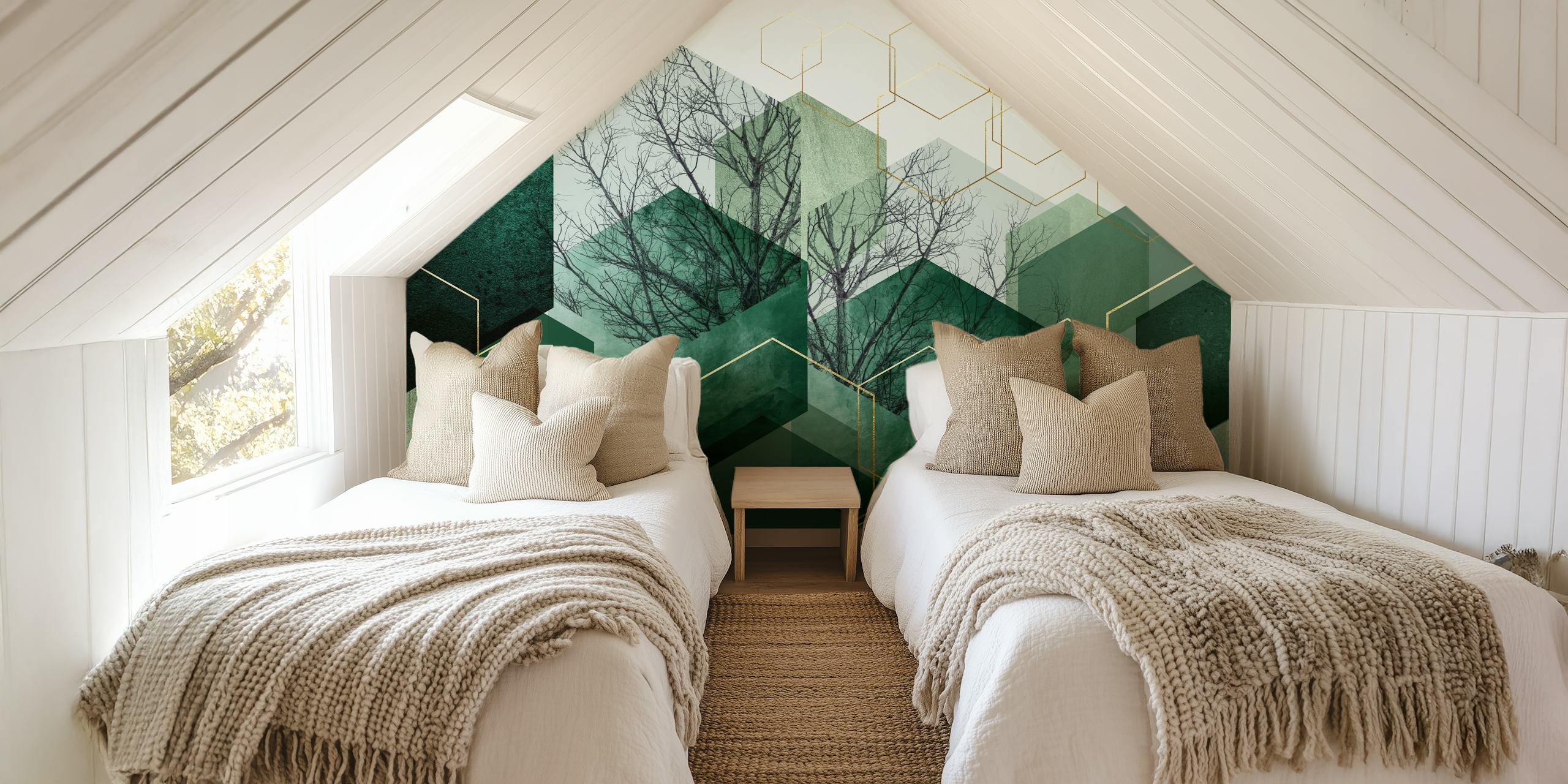 Geometric hexagonal pattern with emerald green tones and tree branches wallpaper.