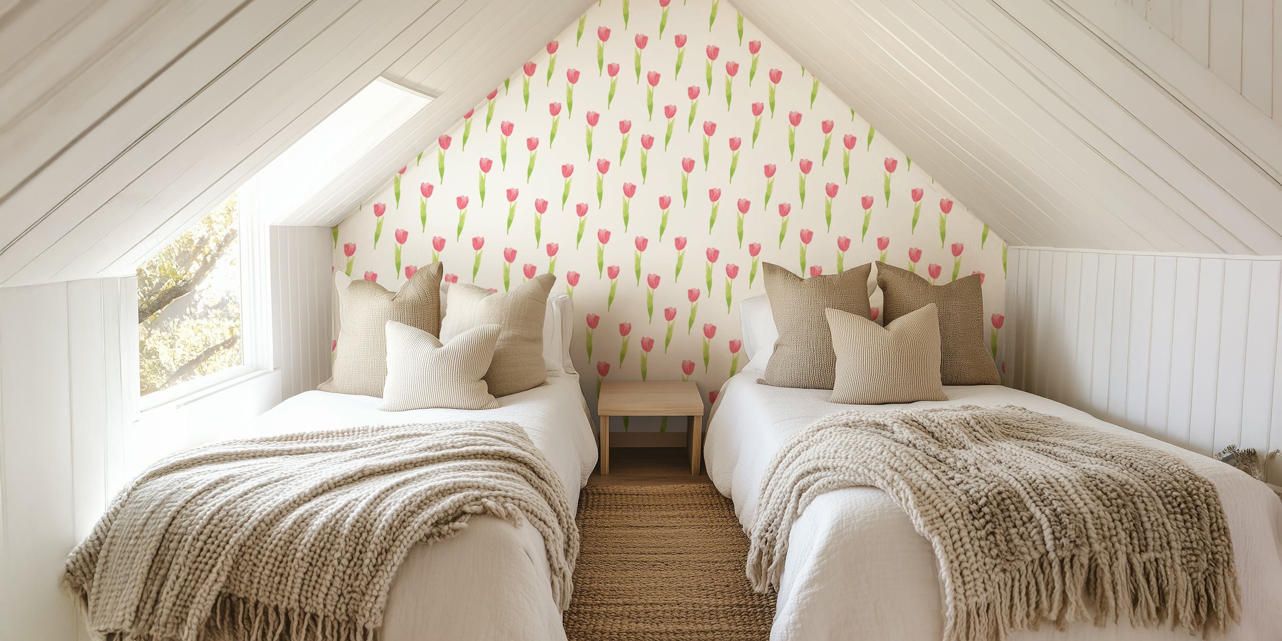 Pink tulip pattern on a light background floral wallpaper