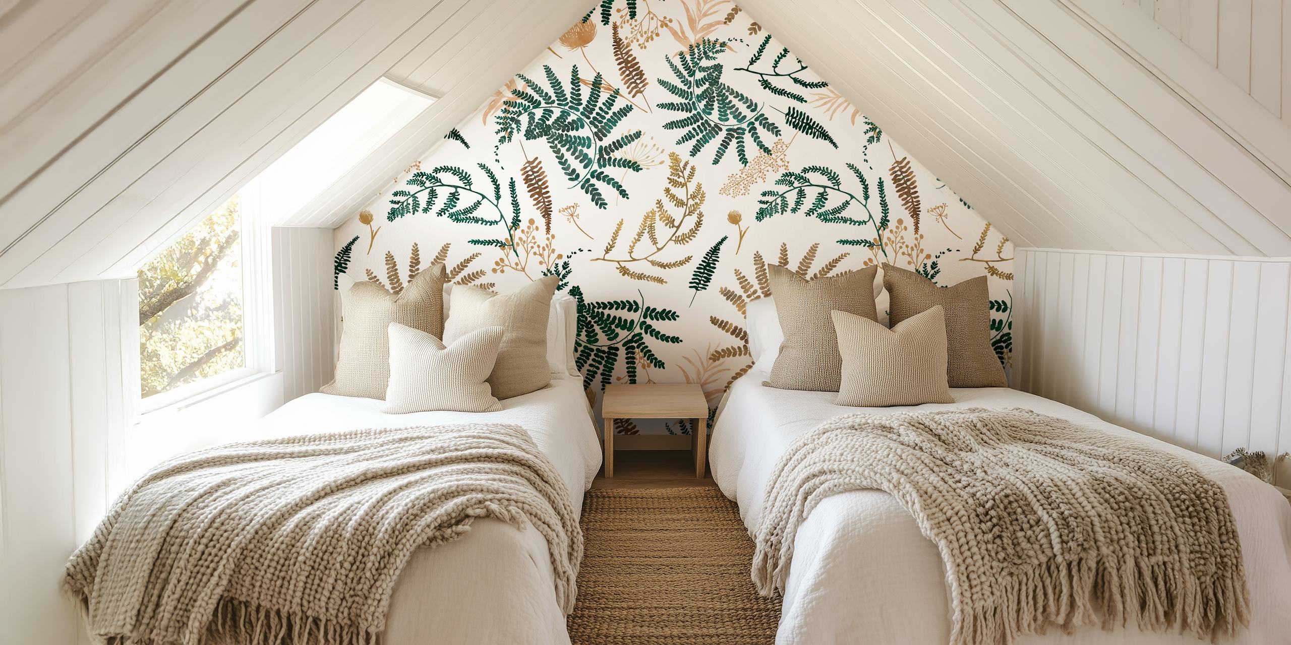 Green ferns and delicate plants on white background wallpaper