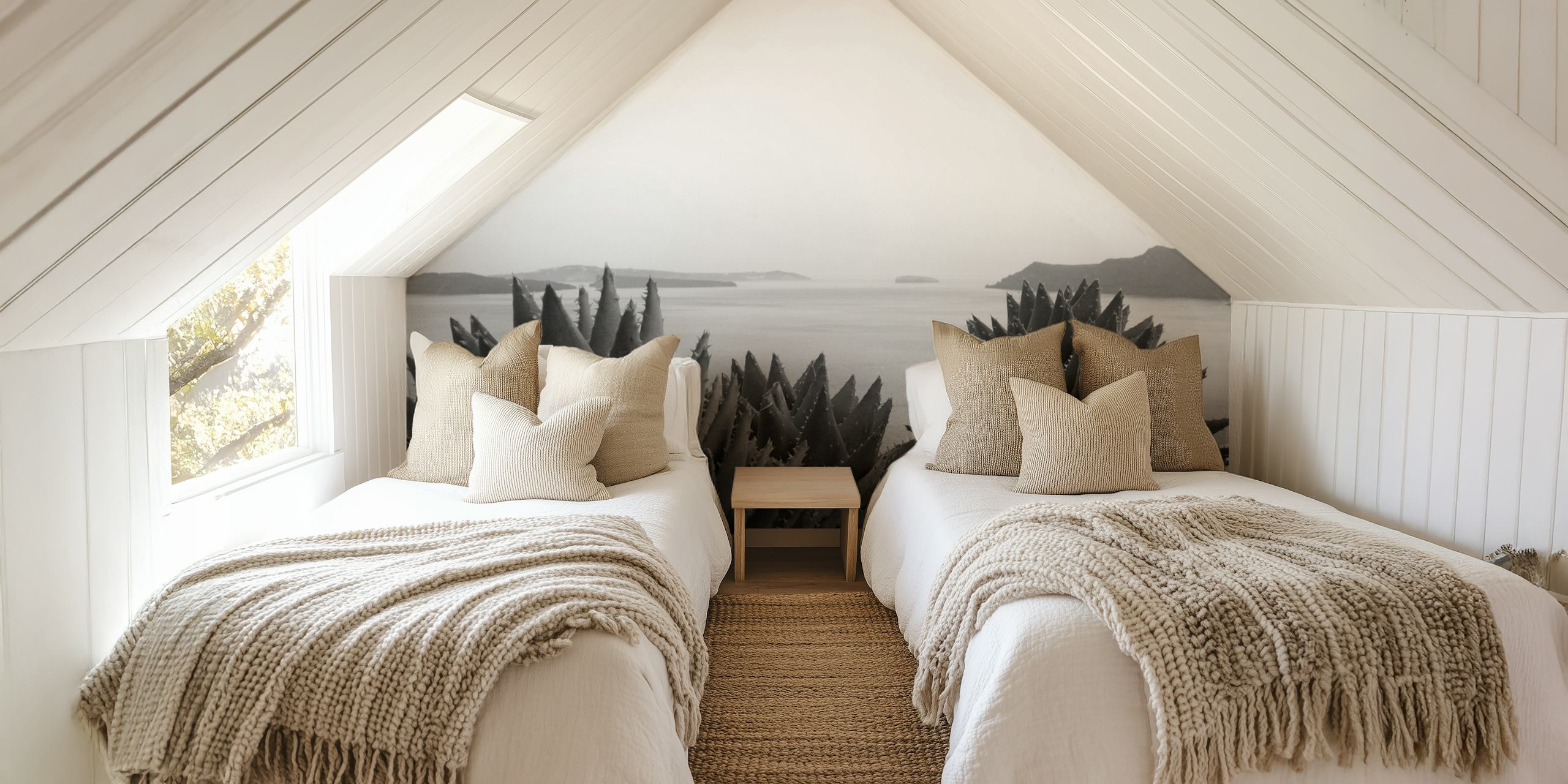 Black and white wallpaper featuring coastal landscape with spiky plants and distant islands