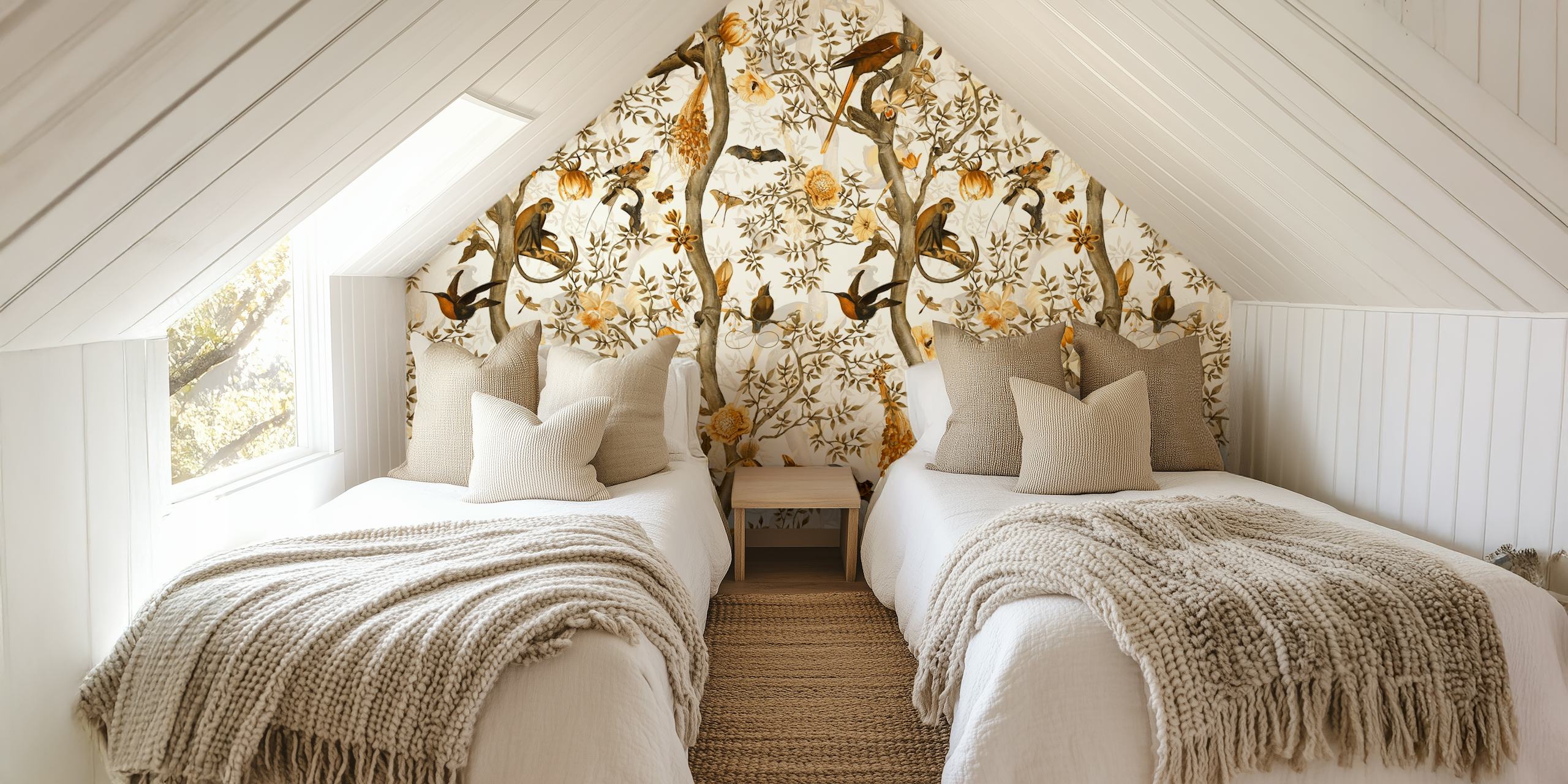 Chinoiserie monkeys and birds on branches with flowers wallpaper