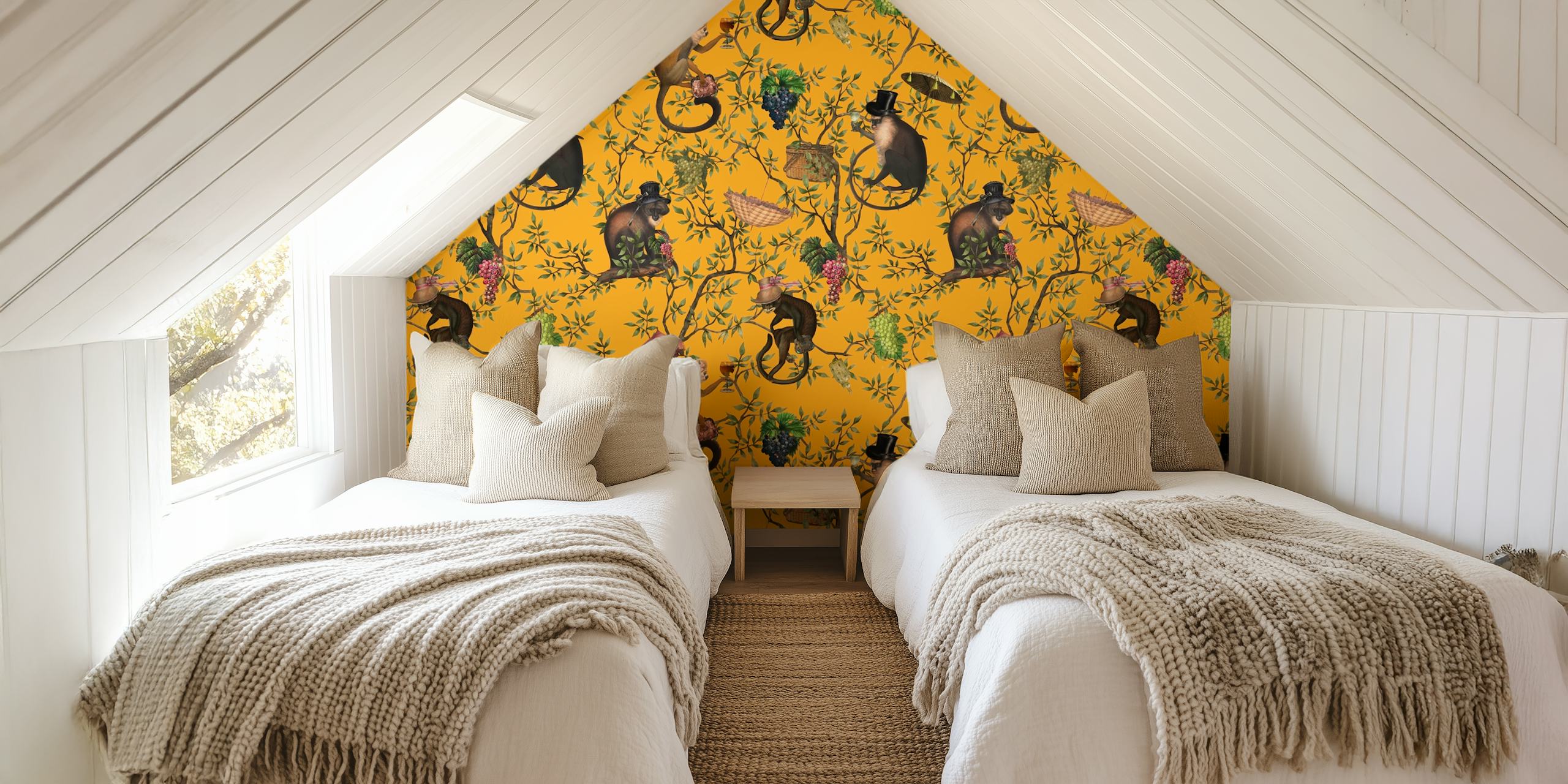 Colorful monkey garden party design with grapes and leaves wallpaper
