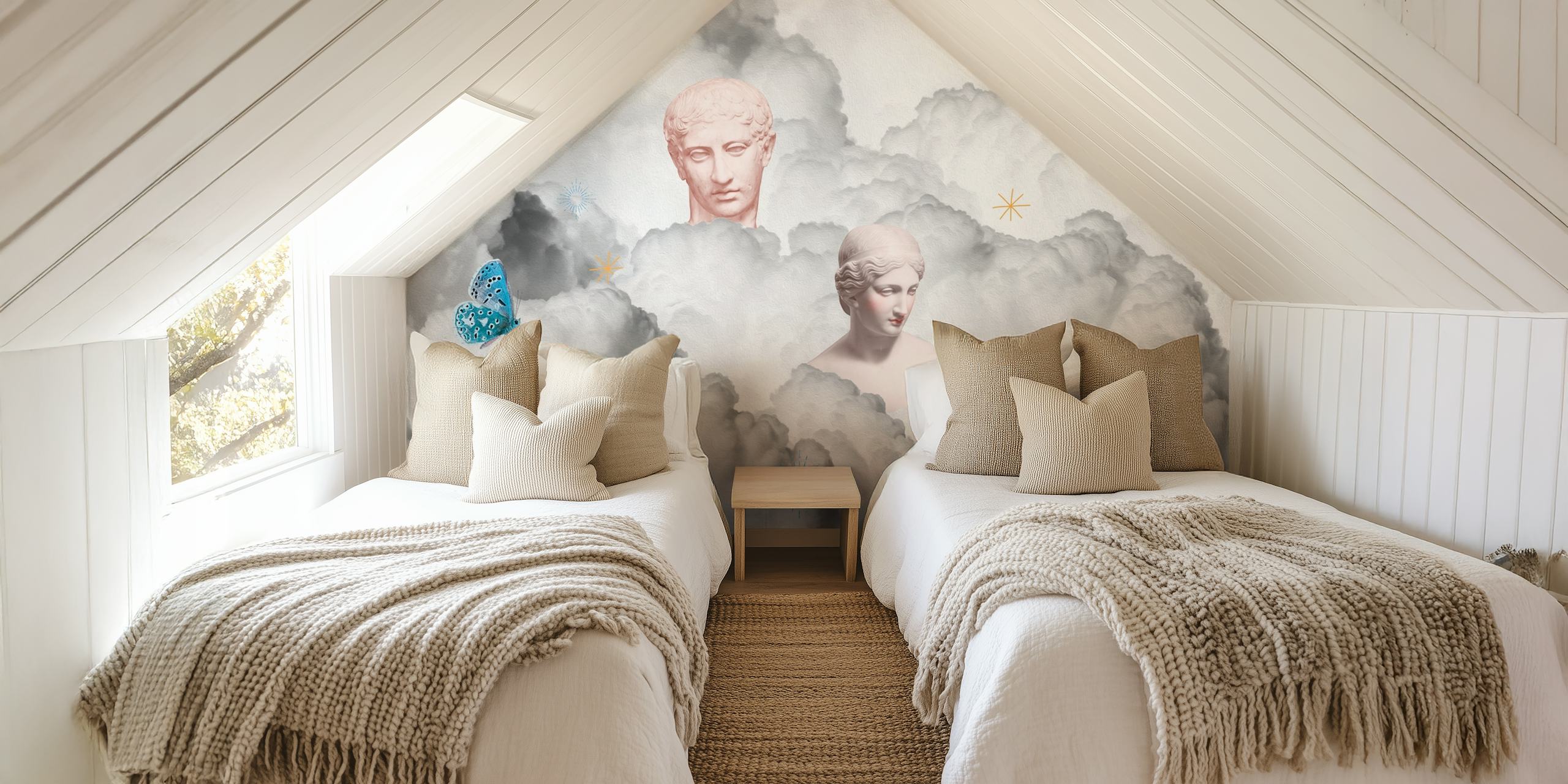 Vintage aesthetic wallpaper featuring sculptures and flowers in soft clouds