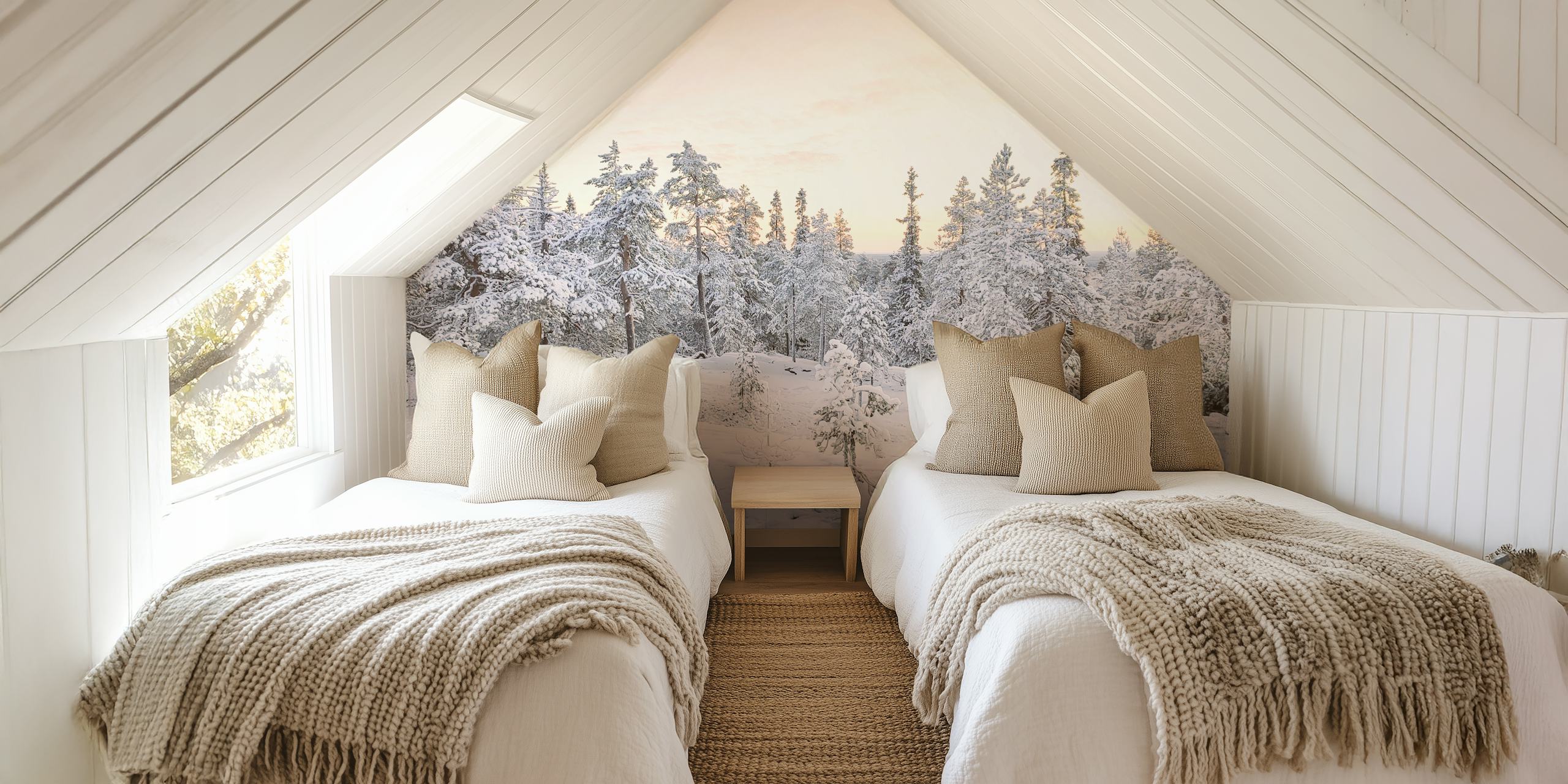 Winter landscape wall mural with snow-covered trees and serene sky