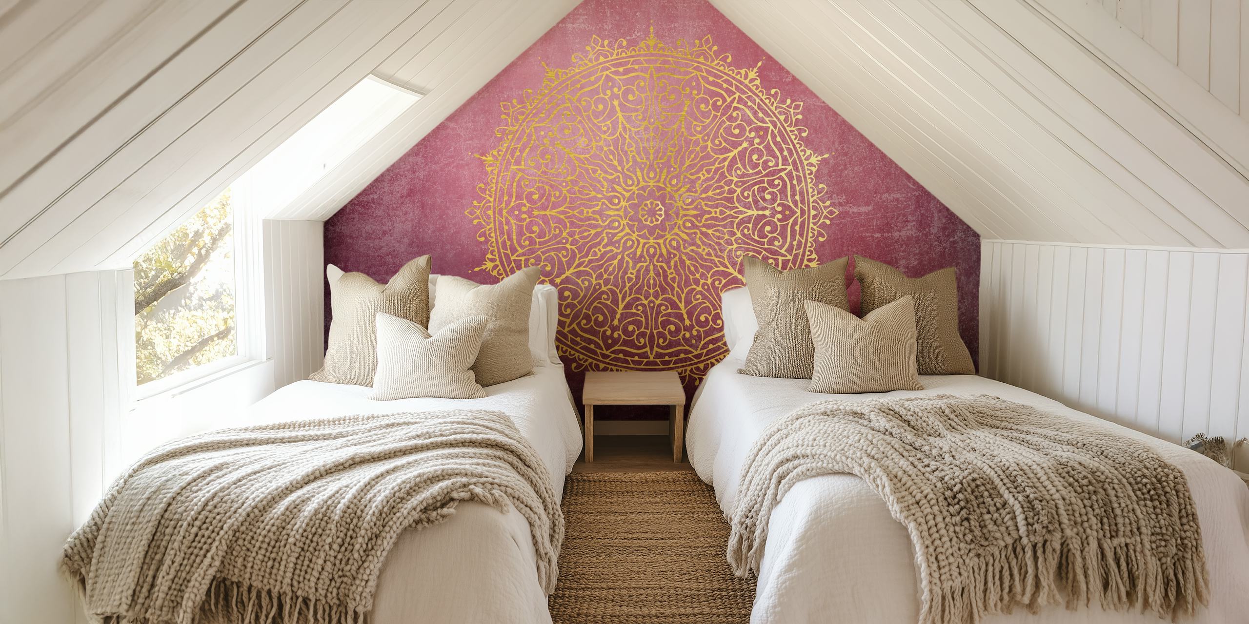 Burgundy background with gold mandala design wallpaper