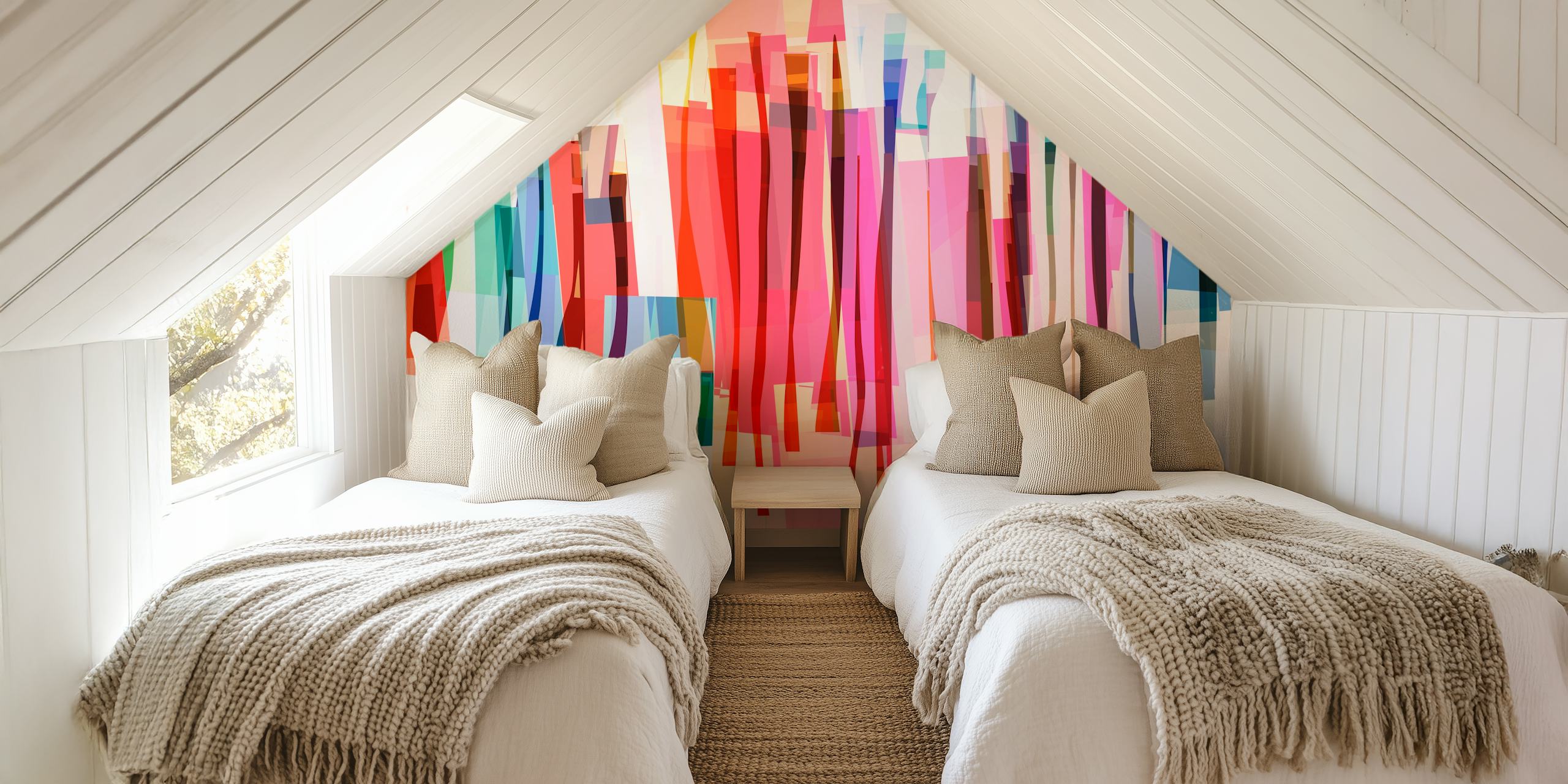 Colorful striped wallpaper featuring vertical bands of red, pink, blue, green, and yellow in a modern abstract style.