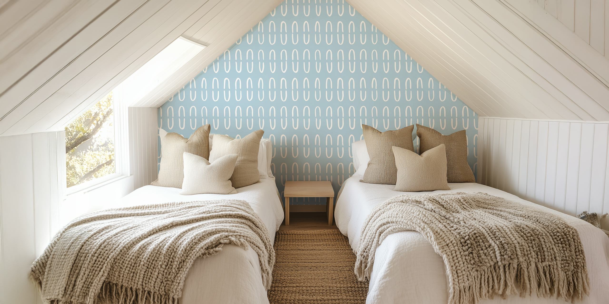 light blue wall mural with white U-shaped patterns