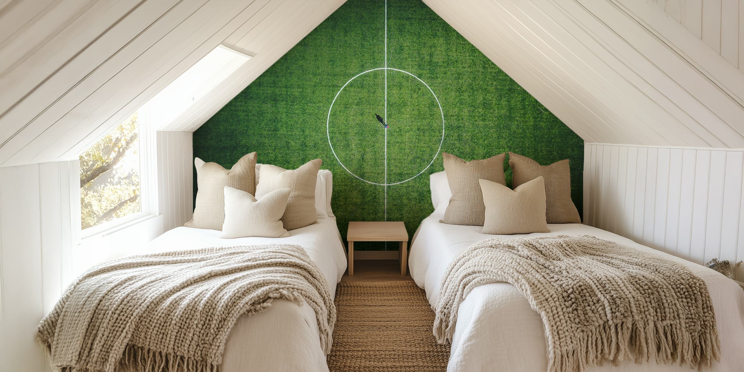 Soccer field green wallpaper with white lines and center circle