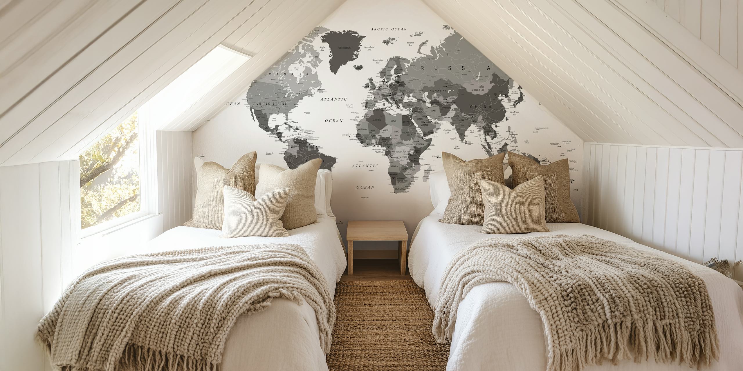 Sofistikoitunut Monochrome World Map tapetti, sisältäen maita, kaupunkeja ja meriä