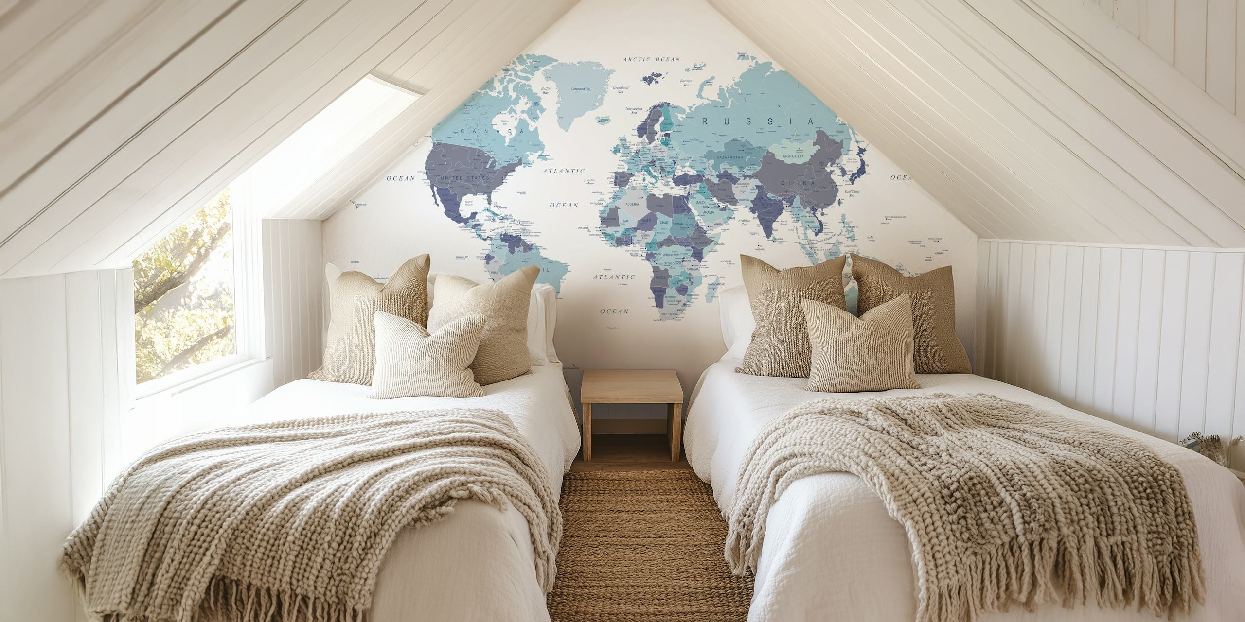 World Map in Blue wallpaper in a room