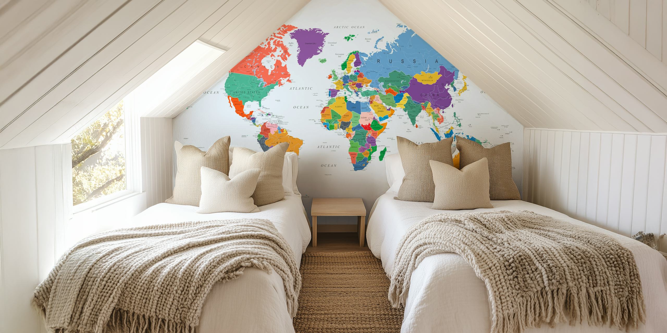 Colorful world map wallpaper in a room